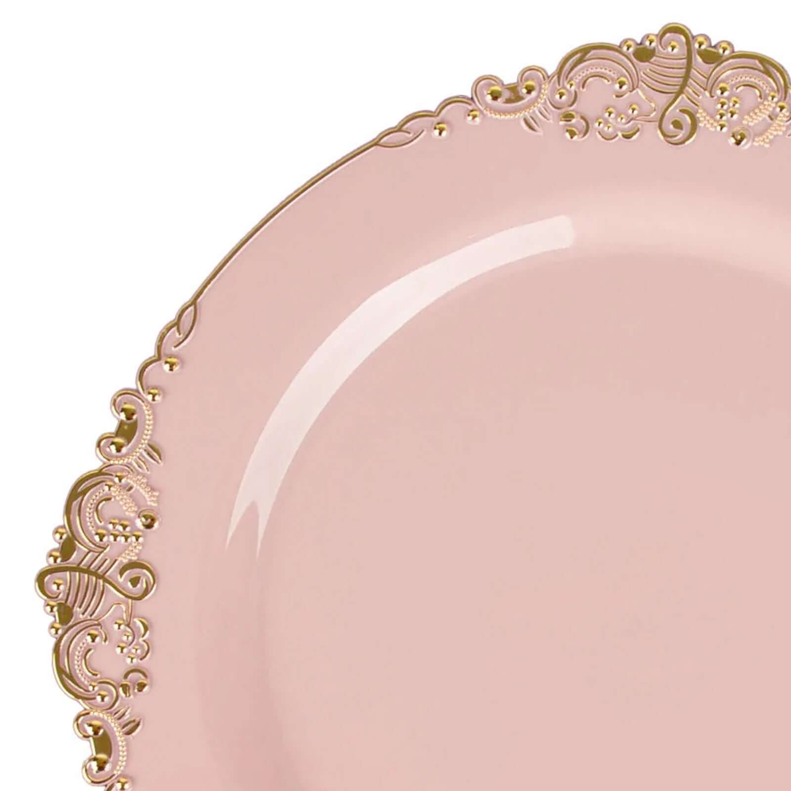 10-Pack Plastic 8 Round Dessert Plates in Blush with Gold Leaf Embossed Rim - Disposable Vintage Baroque Style Salad Plates