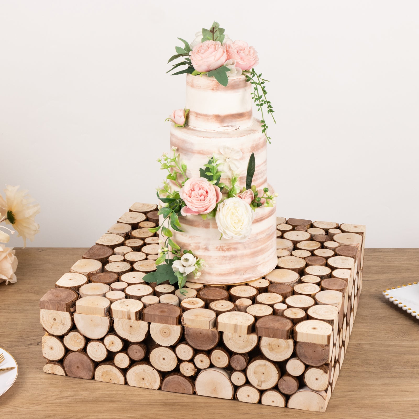 Wooden Cake Stand 18x18 Square Design Rustic Natural Slices - Farmhouse Display Box Pedestal Riser