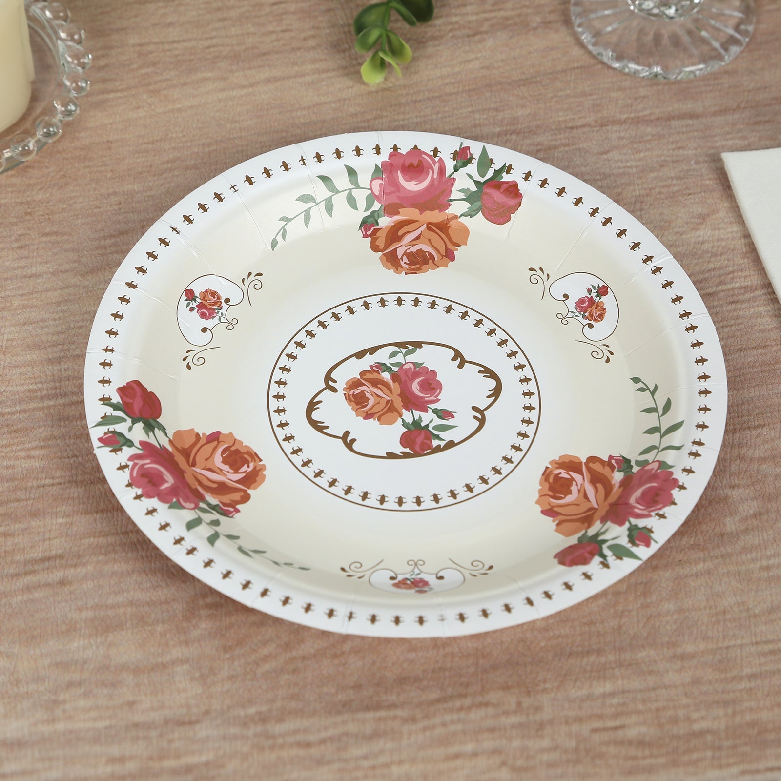 25-Pack Paper 7 Round Dessert Plates in Ivory with Vintage Rose Flower Print - Disposable Appetizer Salad Plates for Bridal Showers & Garden Luncheons