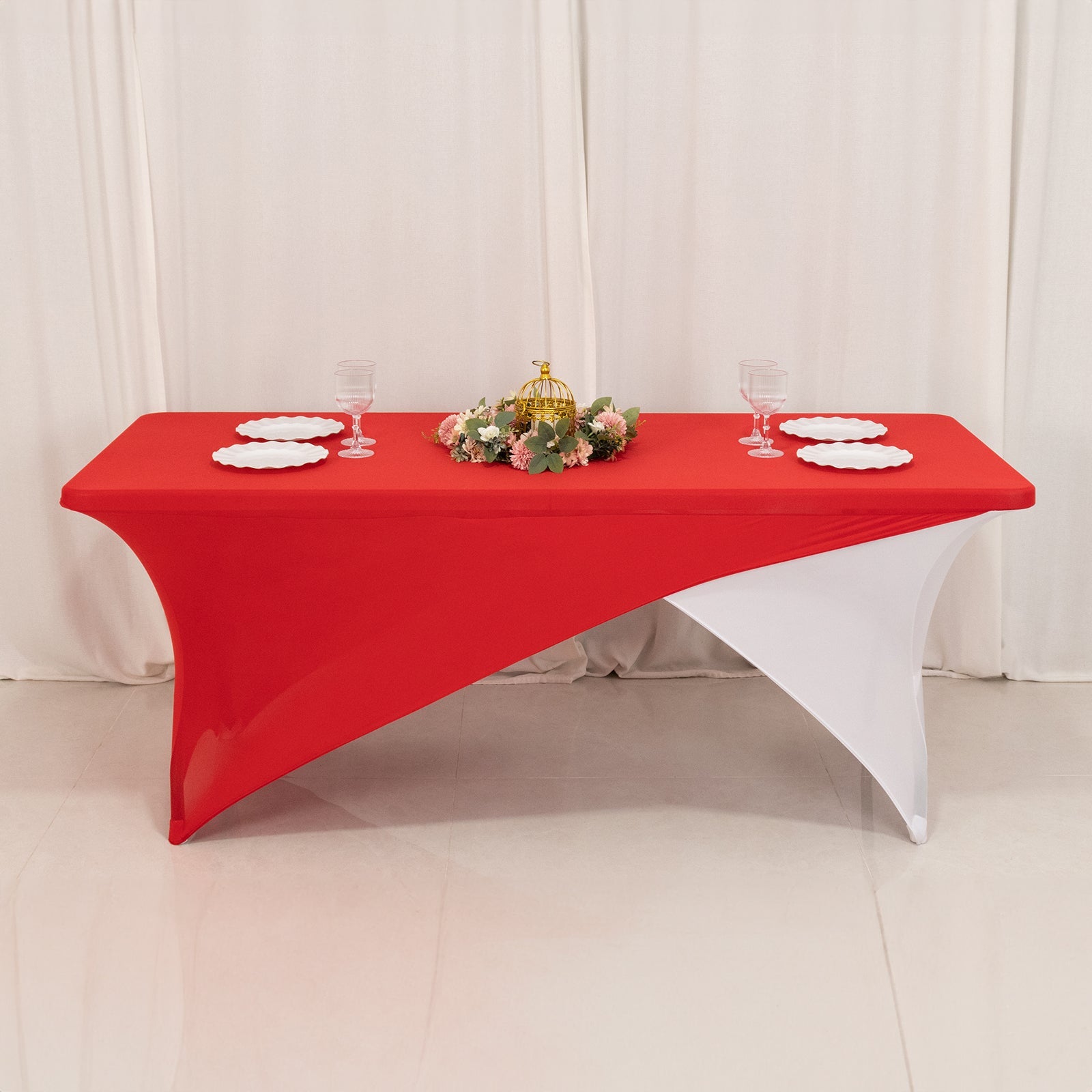 Stretch Spandex 72x30 Rectangle Table Cover Red/White Cross Over Design - Versatile & Sleek Two-Piece Fitted Tablecloth with Elastic Foot Pockets