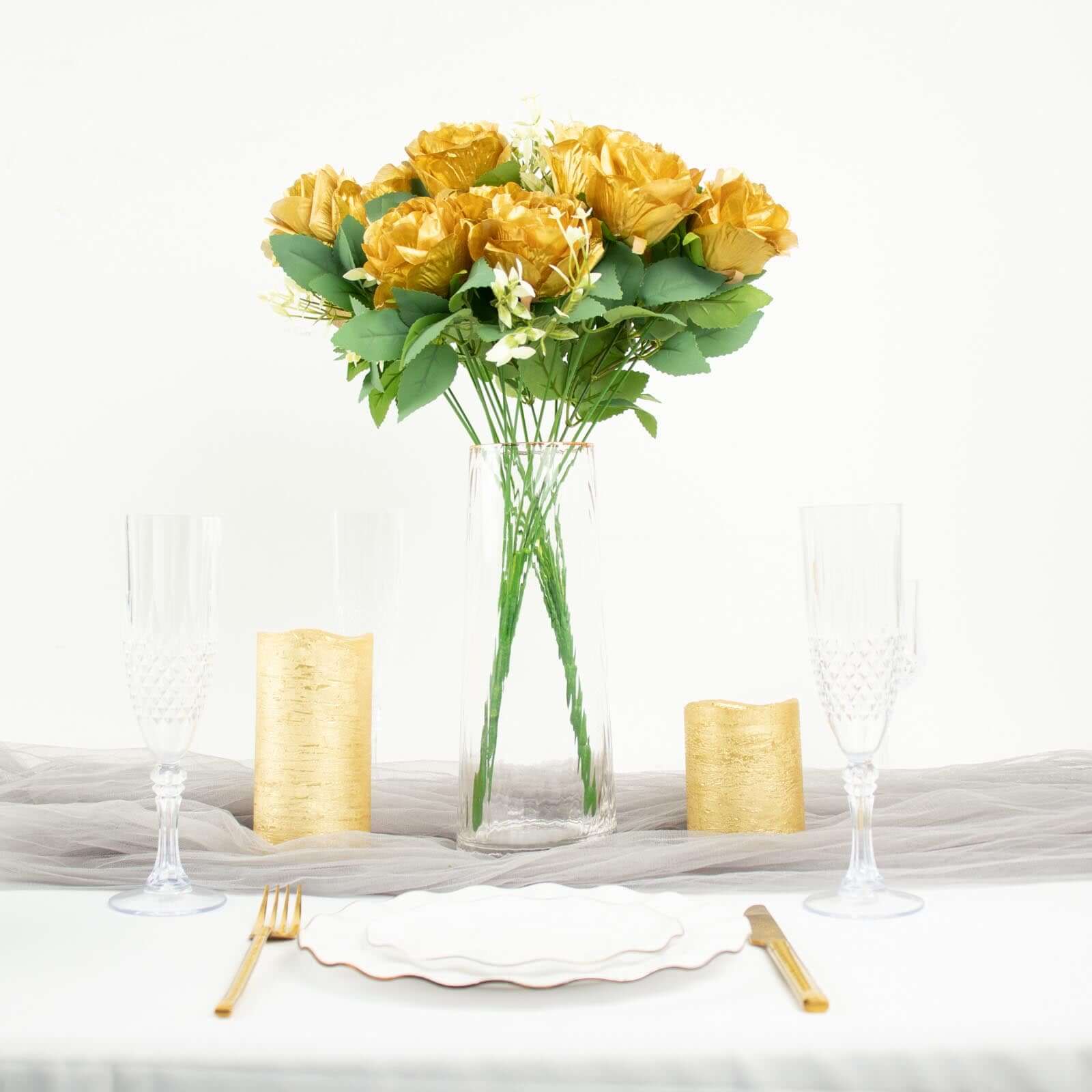 2 Bushes 18 Real Touch Gold Artificial Rose Flower Bouquet, Silk Long Stem Flower Arrangements