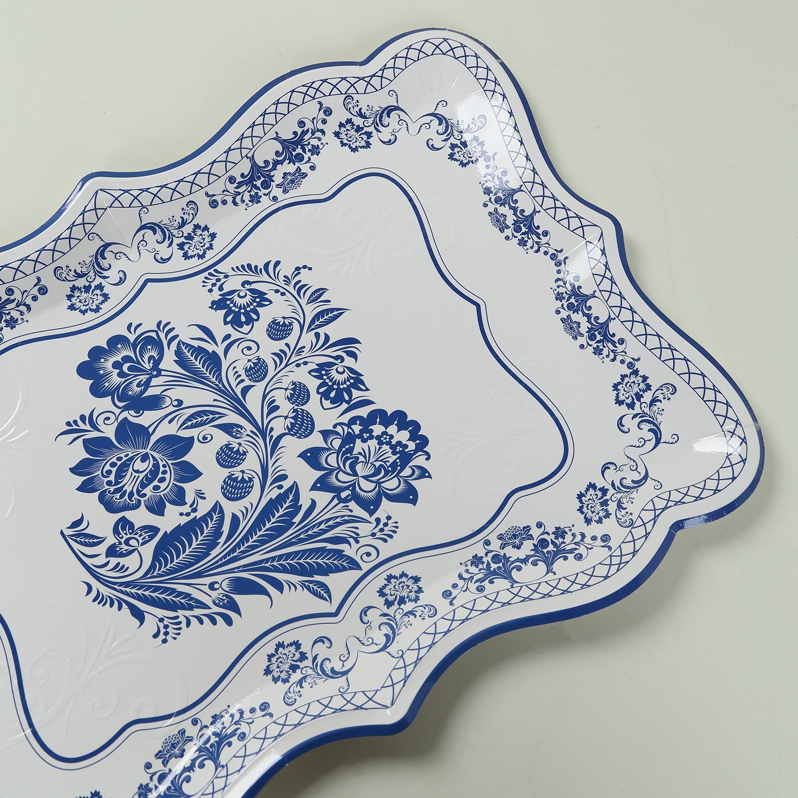 10-Pack Paper 14x10 Rectangle Serving Trays White Royal Blue Damask Floral Pattern - Heavy Duty Disposable 400GSM Cardboard Party Platters for Weddings & Parties