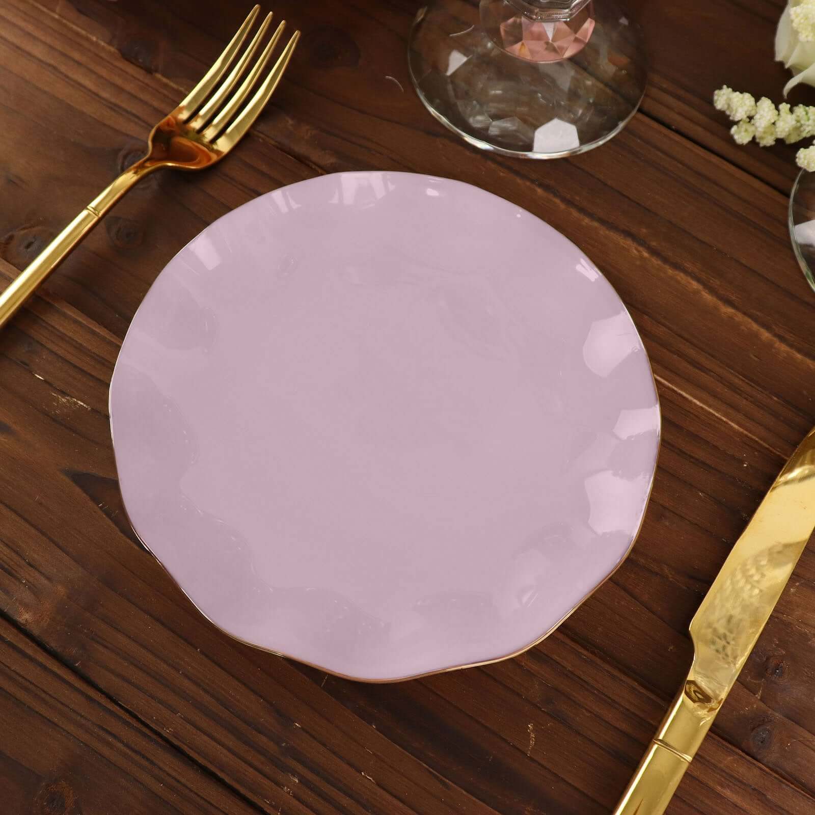 10-Pack Plastic Round 6 Dessert Plates in Lavender Lilac Ruffled Rim with Gold Edging - Sturdy Disposable Salad Appetizer Dinnerware