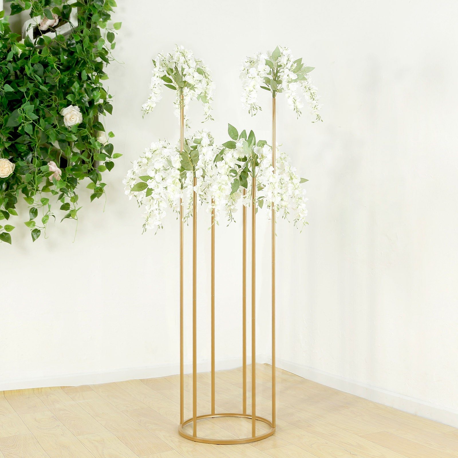 Flower Centerpiece Gold Metal Minimalist 6-Tubes Round Base Design - Single Stem Bud Vase for Arrangements 4ft