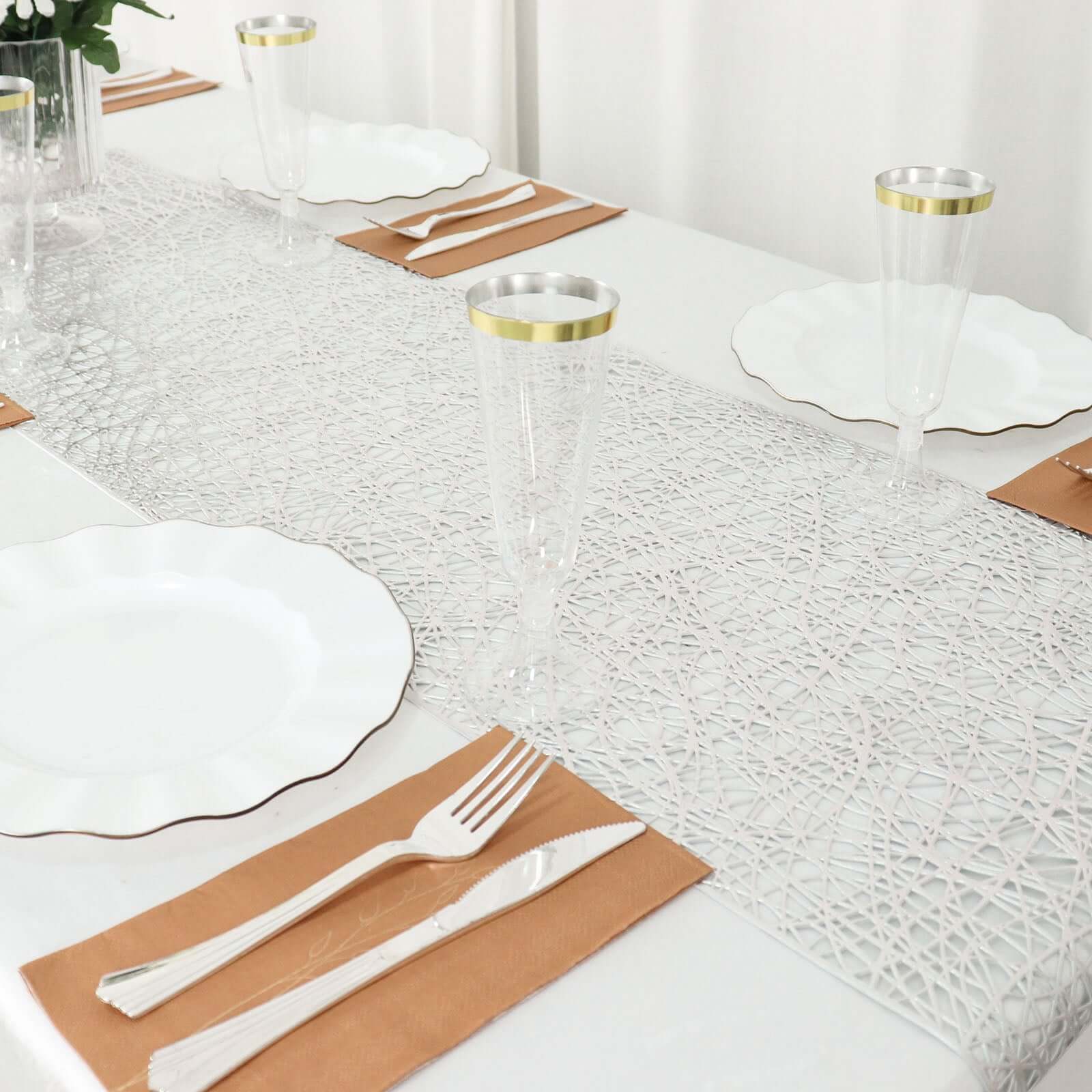 Plastic Woven Vinyl 13x6ft Table Runner Metallic Silver - Non-Slip & Reversible Tabletop Decor