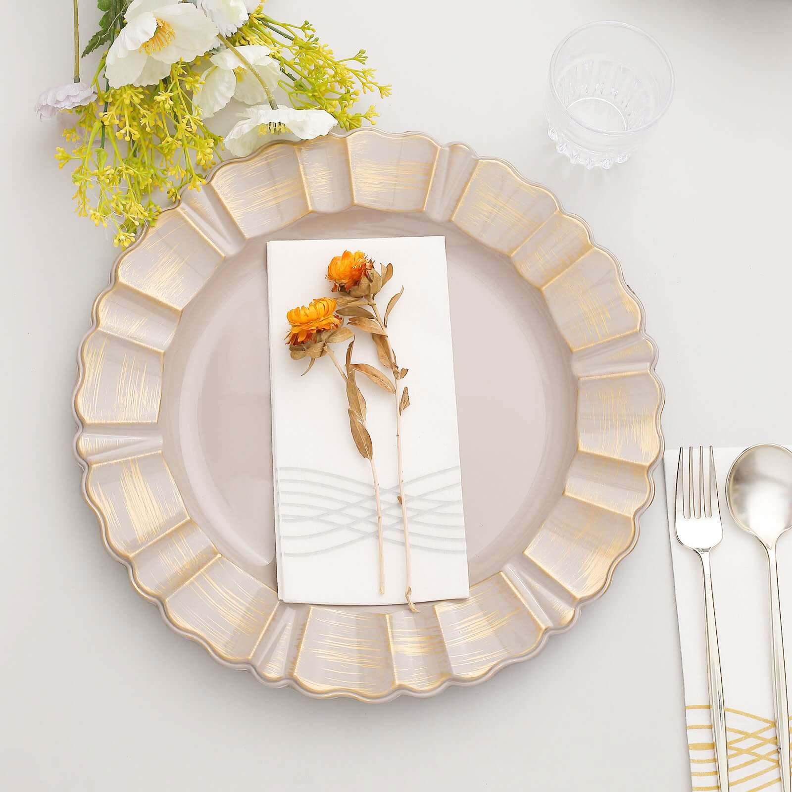 6-Pack Acrylic Plastic Round Charger Plates 13 in Nude Taupe with Gold Brushed Wavy Scalloped Rim, Decorative Dinner Party Charger Tableware