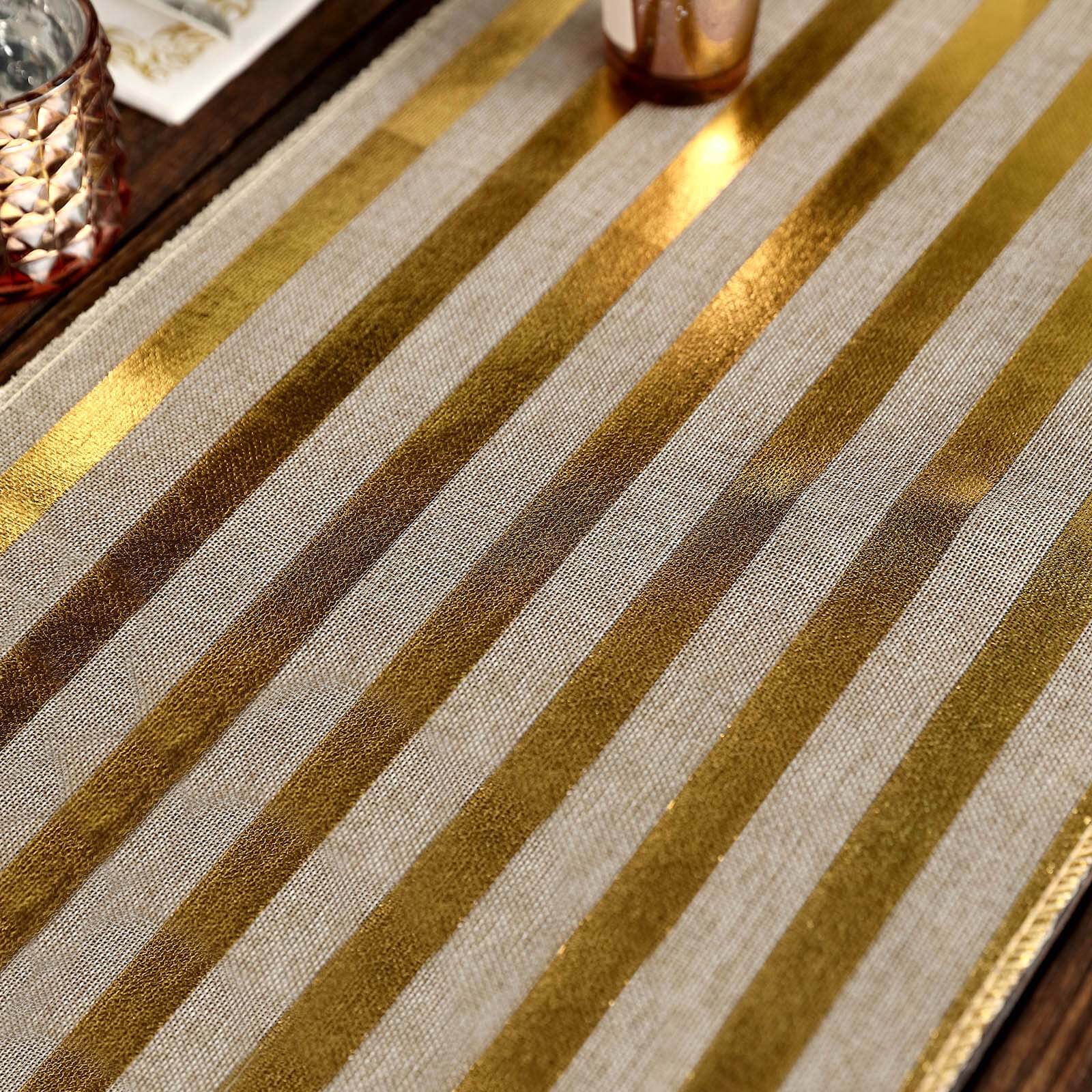 Faux Jute Burlap 12x108 Table Runner Taupe with Gold Stripes - Rustic Farmhouse Table Linen