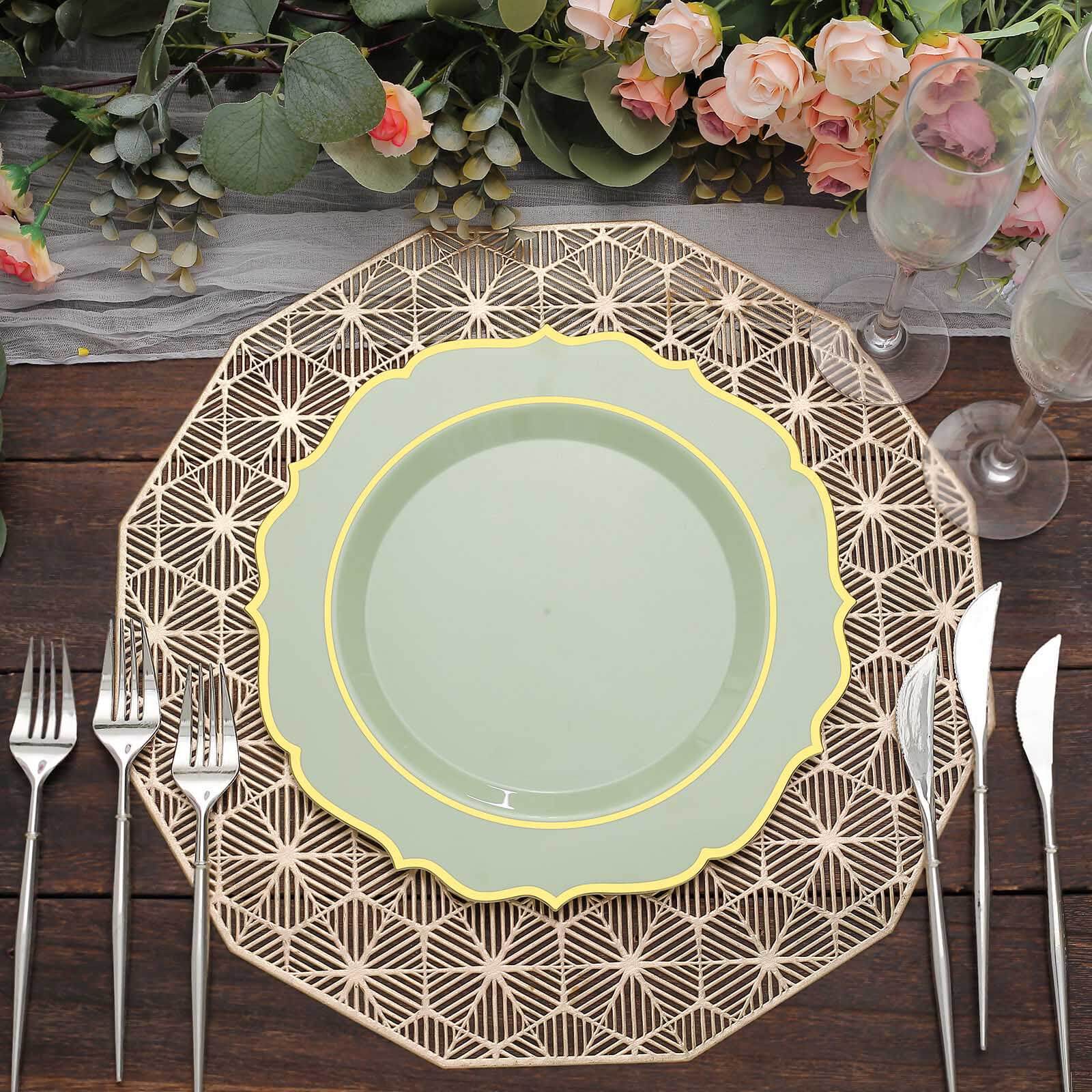 10-Pack Plastic 10 Round Dinner Plates in Sage Green with Gold Scalloped Rim - Disposable Party Plates