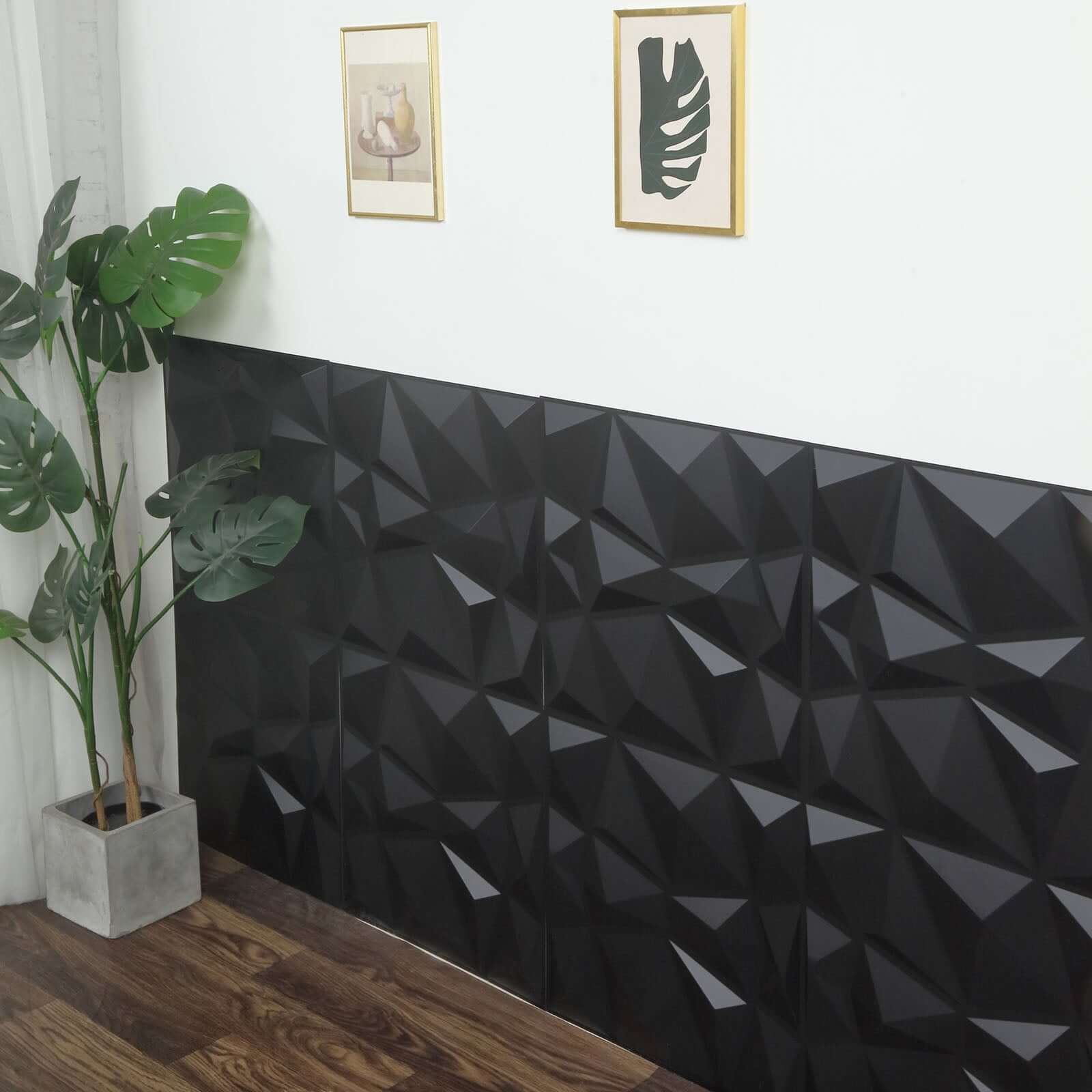 12 Pack 20x20 Matte Black 3D Texture PVC Diamond Design Wall Tiles, Stick On Waterproof Wall Panels