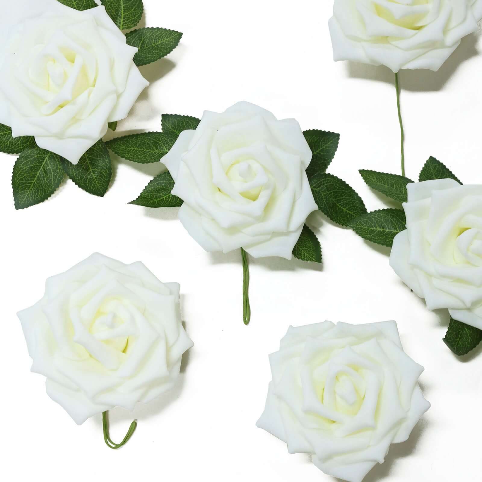 24 Roses 5 Ivory Artificial Foam Flowers With Stem Wire and Leaves