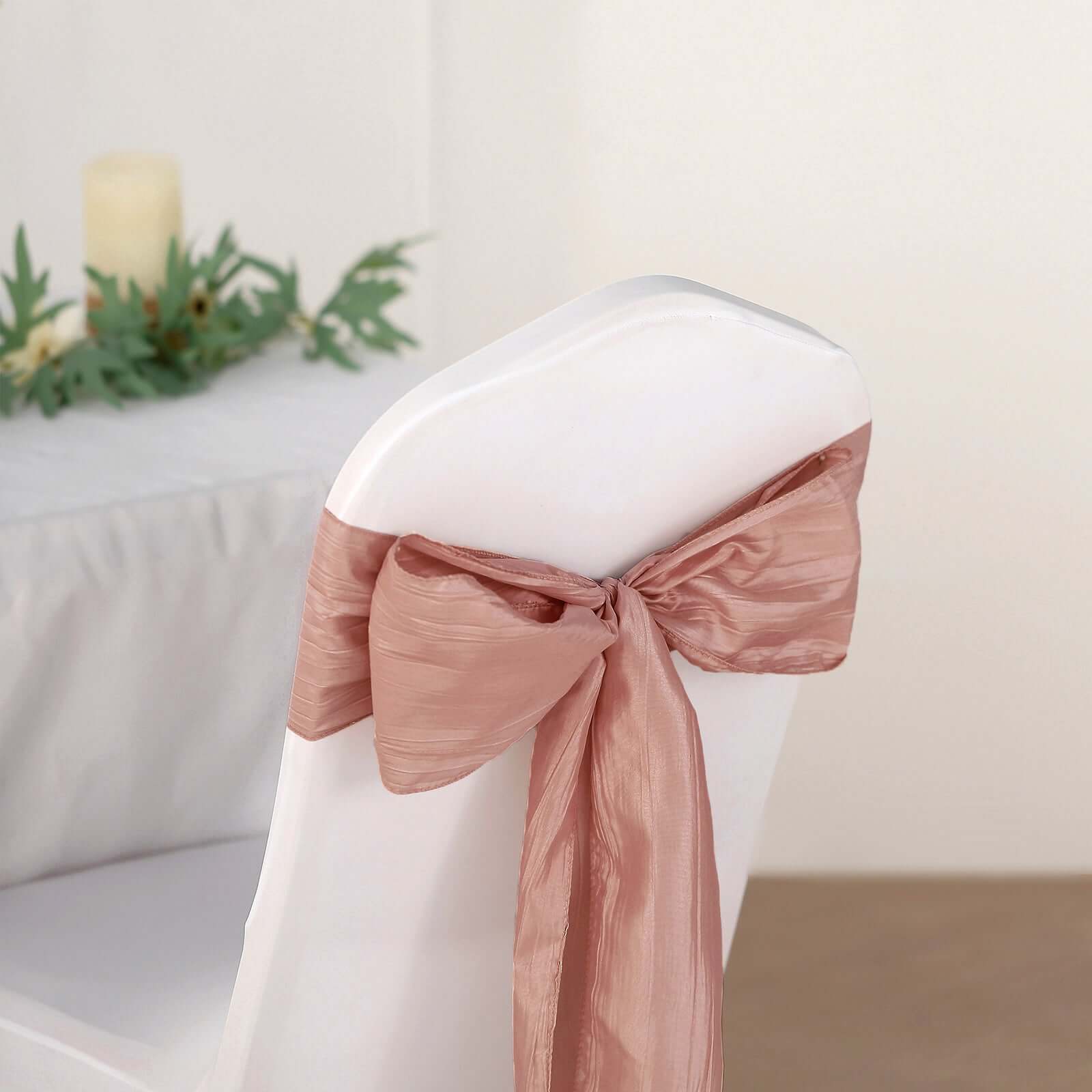 5 Pack Taffeta 6x106 Chair Sashes Dusty Rose Accordion Crinkle Texture - Stylish Decor for Weddings & Gatherings