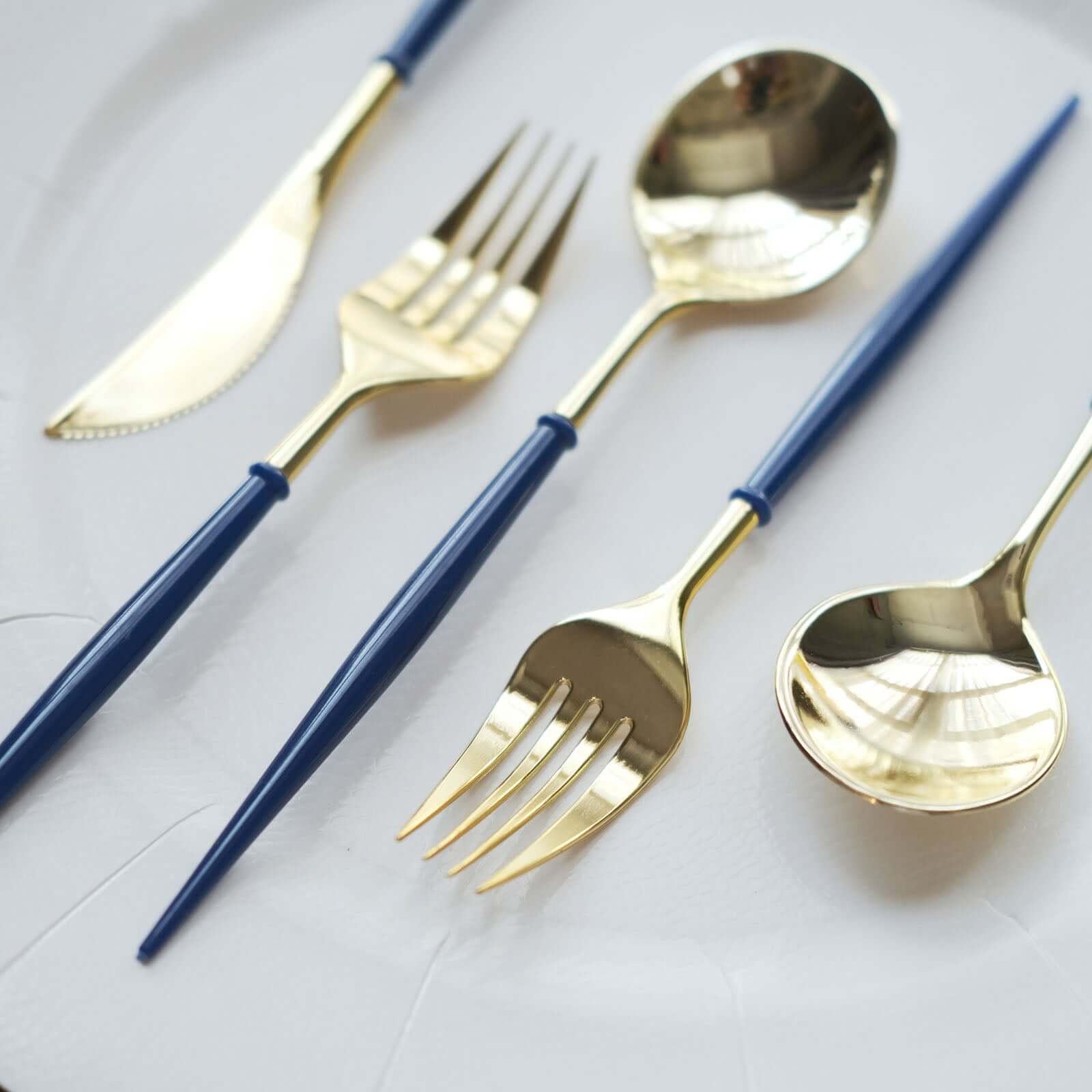 24-Pack Plastic Flatware Set in Metallic Gold with Royal Blue Handle - Heavy Duty Disposable Modern Silverware 8