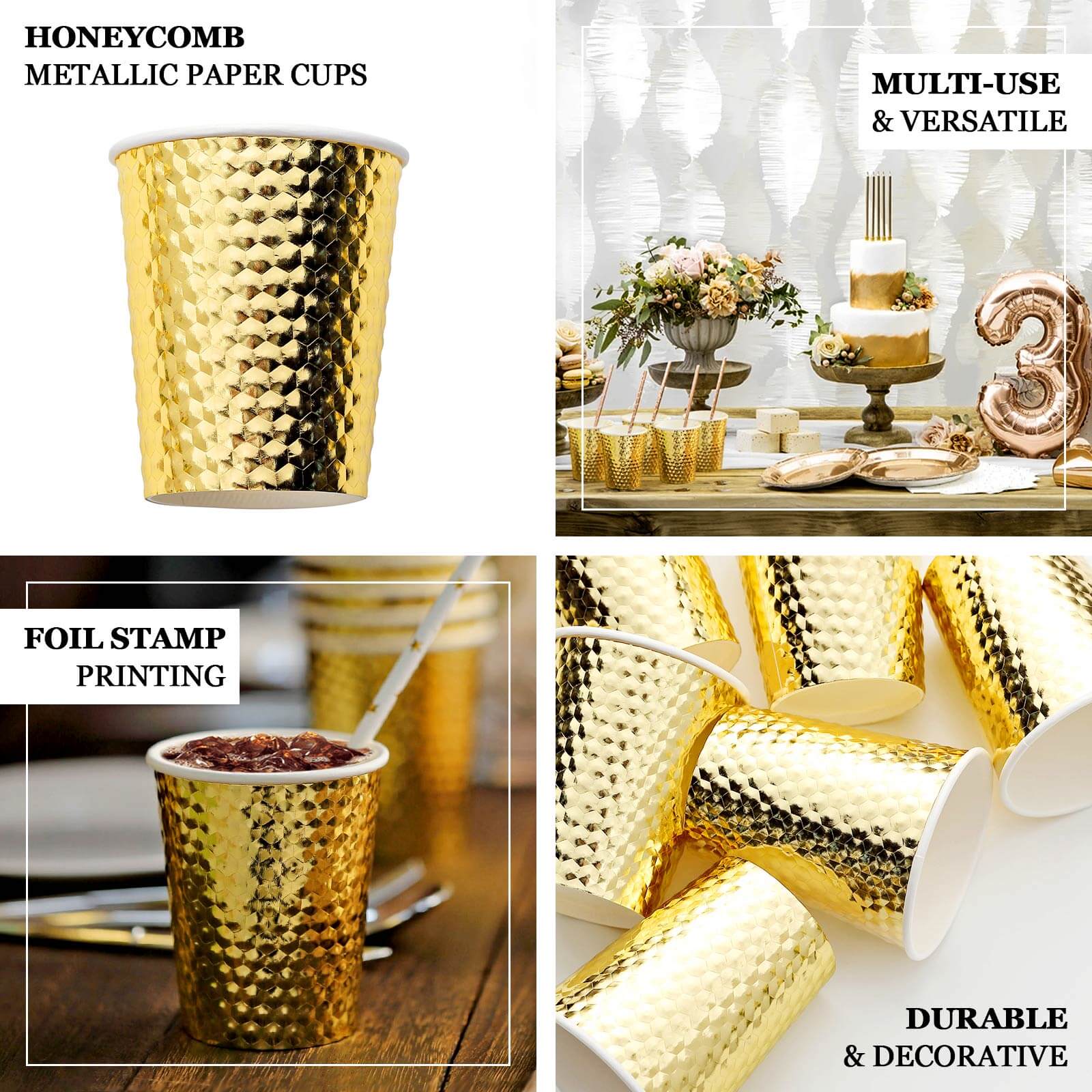 24-Pack Paper Cups in Gold Foil with Honeycomb Design - Stylish Disposable Party Cups for Hot & Cold Beverages 10oz