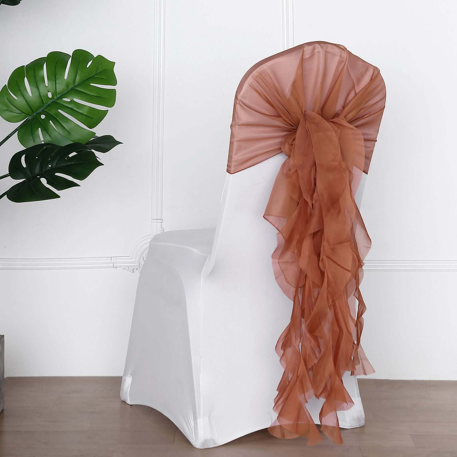 1 Set Chiffon Hoods Chair Sashes with Willow Ruffles Design Terracotta (Rust) - Stylish Chair Bow Decor