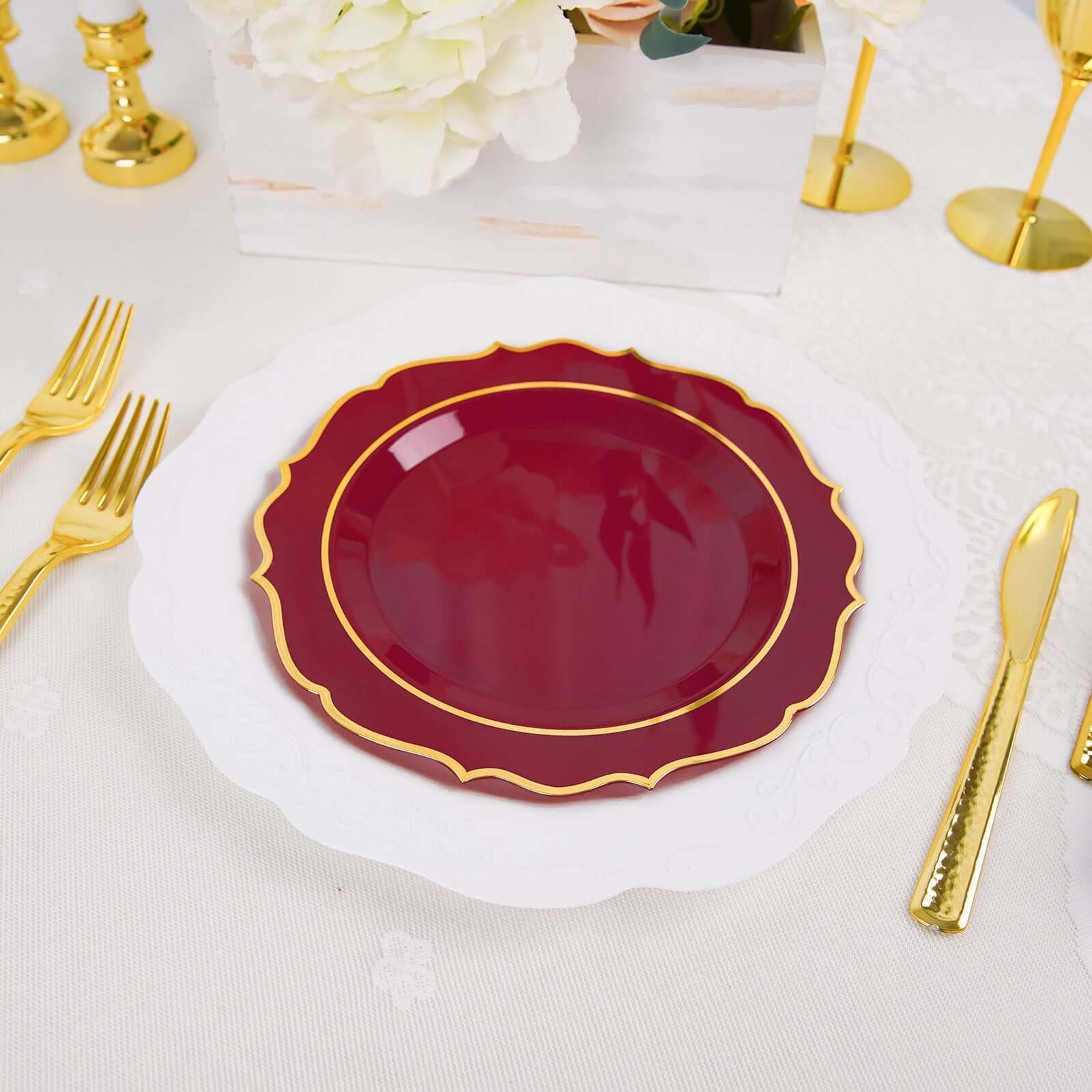 10-Pack Plastic 8 Round Desert Plates in Burgundy with Gold Scalloped Rim - Disposable Appetizer/Salad Plates