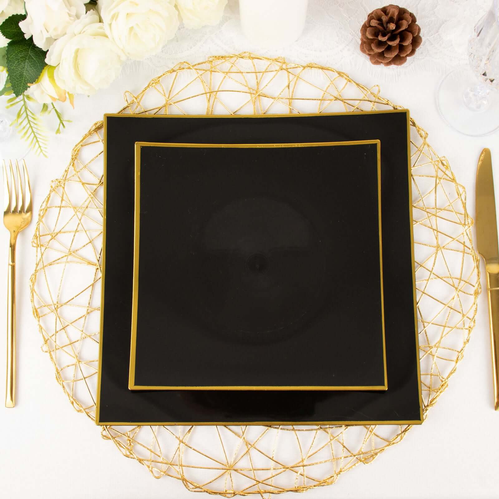 10-Pack Plastic 8 Square Dessert Plates in Black Concave Style with Gold Rim - Modern Disposable Salad Appetizer Party Plates