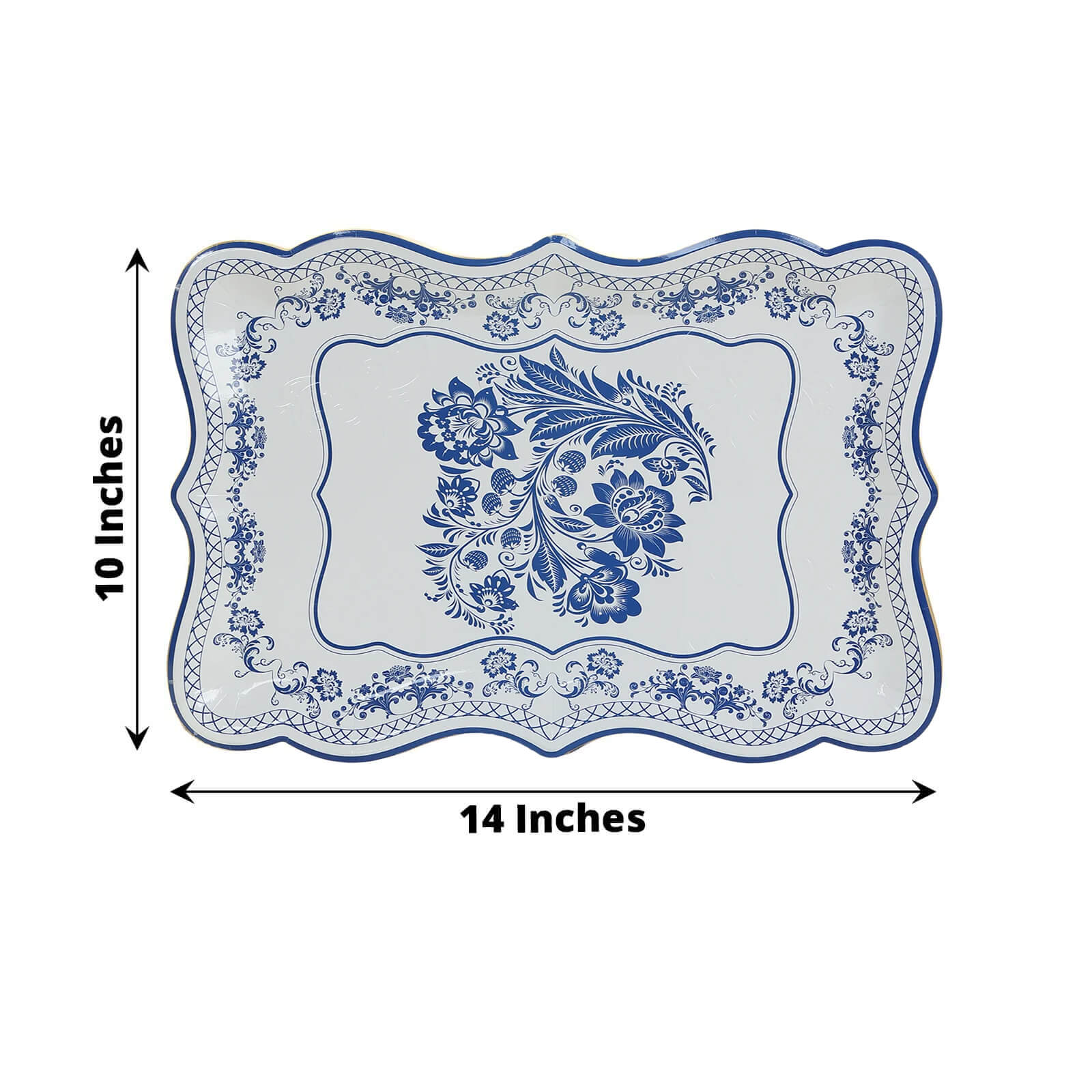 10-Pack Paper 14x10 Rectangle Serving Trays White Royal Blue Damask Floral Pattern - Heavy Duty Disposable 400GSM Cardboard Party Platters for Weddings & Parties