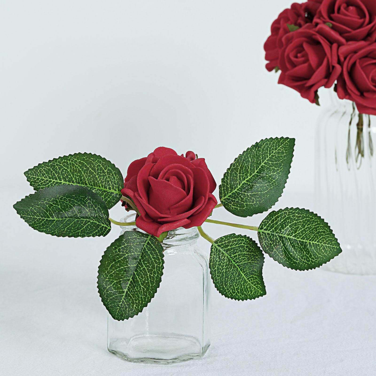 24 Roses 2 Red Artificial Foam Flowers With Stem Wire and Leaves