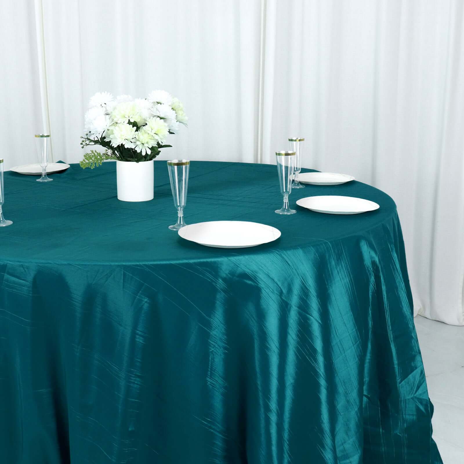 Taffeta 132 Round Tablecloth Peacock Teal - Seamless Accordion Crinkle Table Cover