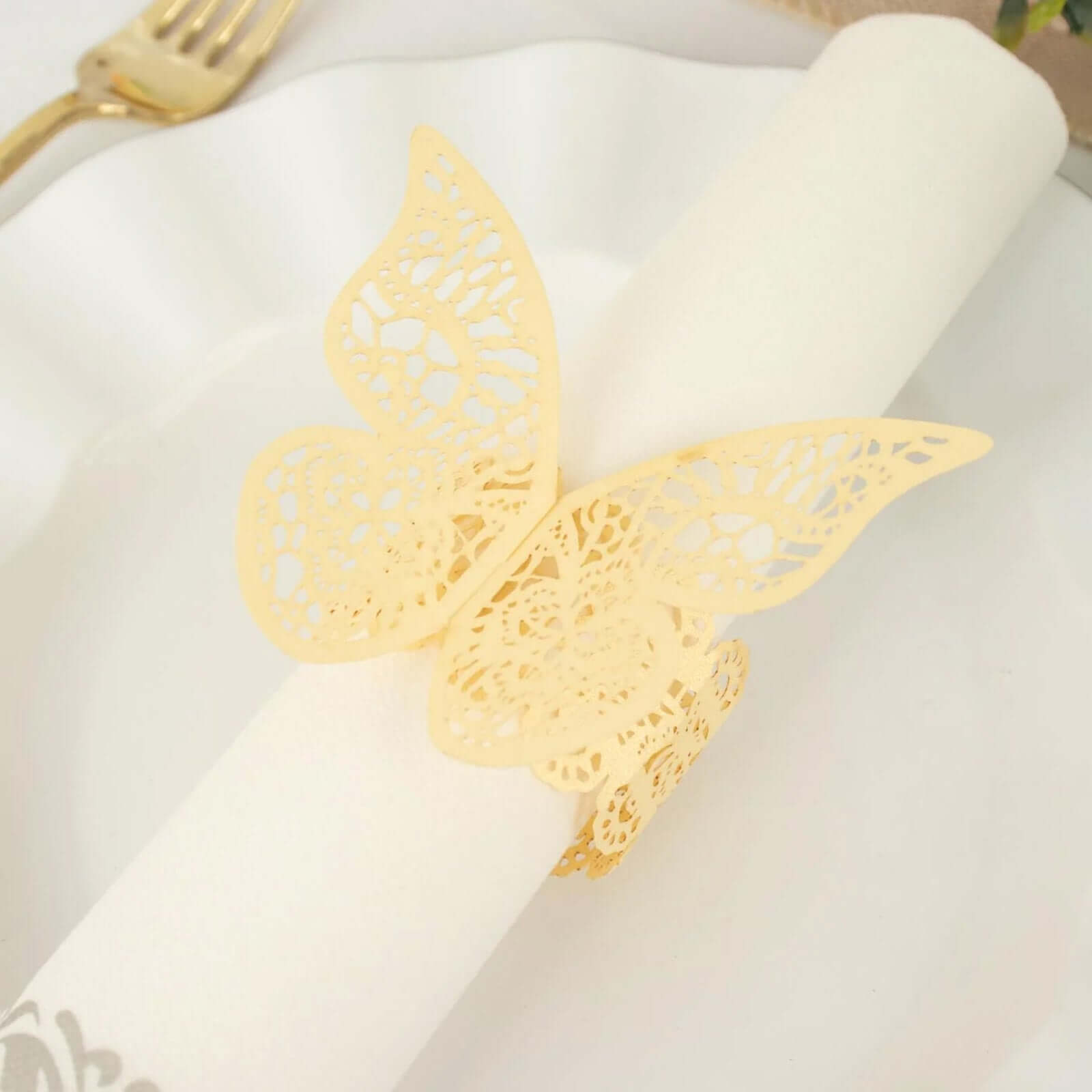 12-Pack Paper Napkin Rings Laser Cut Butterfly Champagne Shimmery - Decorative Serviette Holders