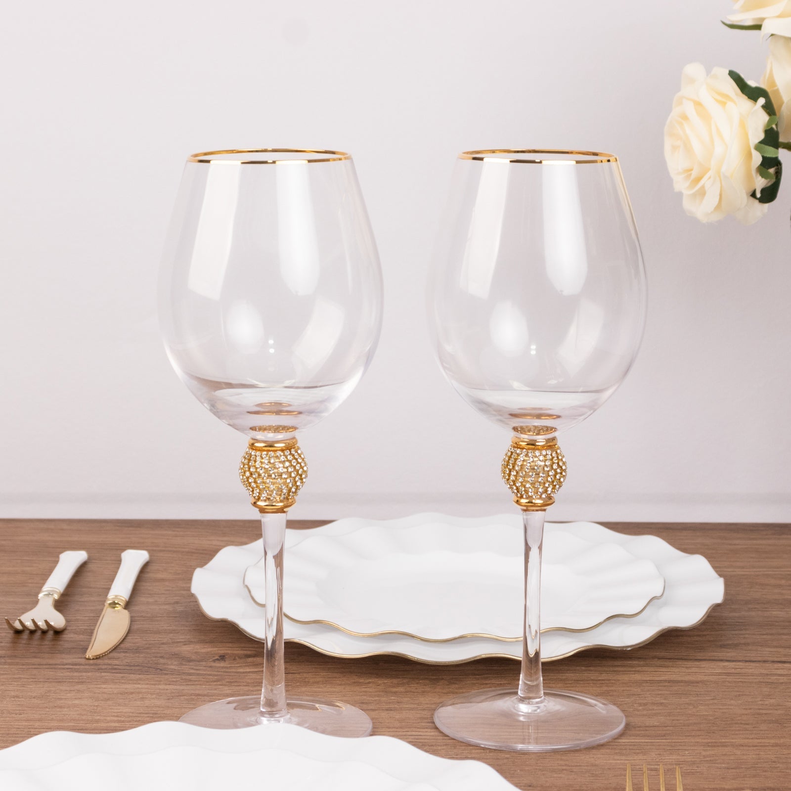 Set of 6 Wine Goblet Glasses Clear Gold Rimmed Design with Rhinestone Studded Stem - Handblown Vintage Crystal Glasses for Cocktails 16oz 10