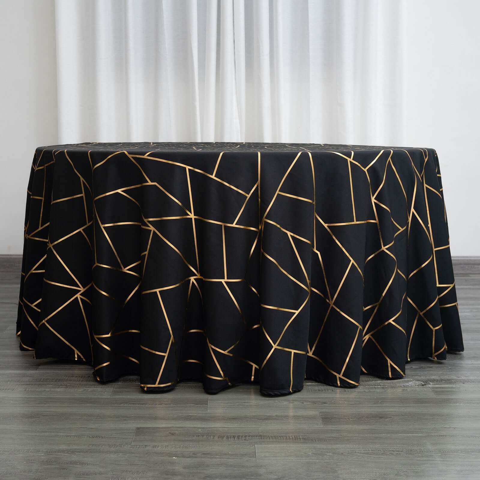 Polyester 120 Round Tablecloth Black with Gold Foil Geometric Pattern Wrinkle-Resistant Seamless Table Cover