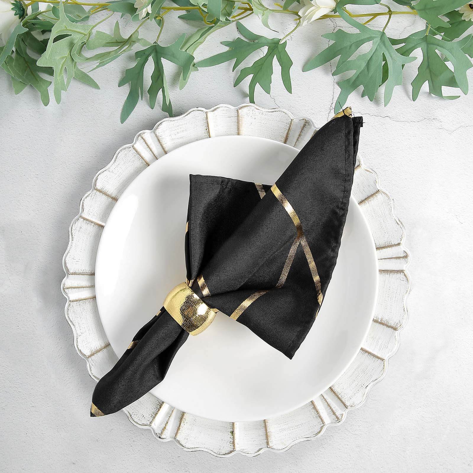 5 Pack Polyester 20x20 Napkins Black with Gold Geometric Foil Pattern - Modern Reusable Dinner Napkins