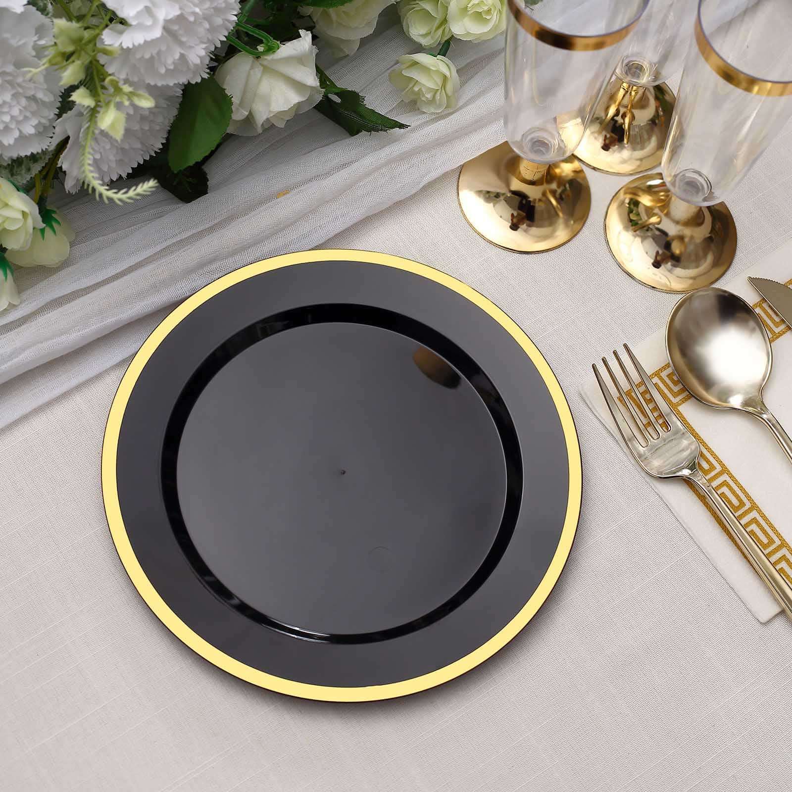 10-Pack Plastic 7 Round Appetizer Plates in Black with Gold Rim - Sleek Disposable Salad Plates for Banquets & Special Occasions