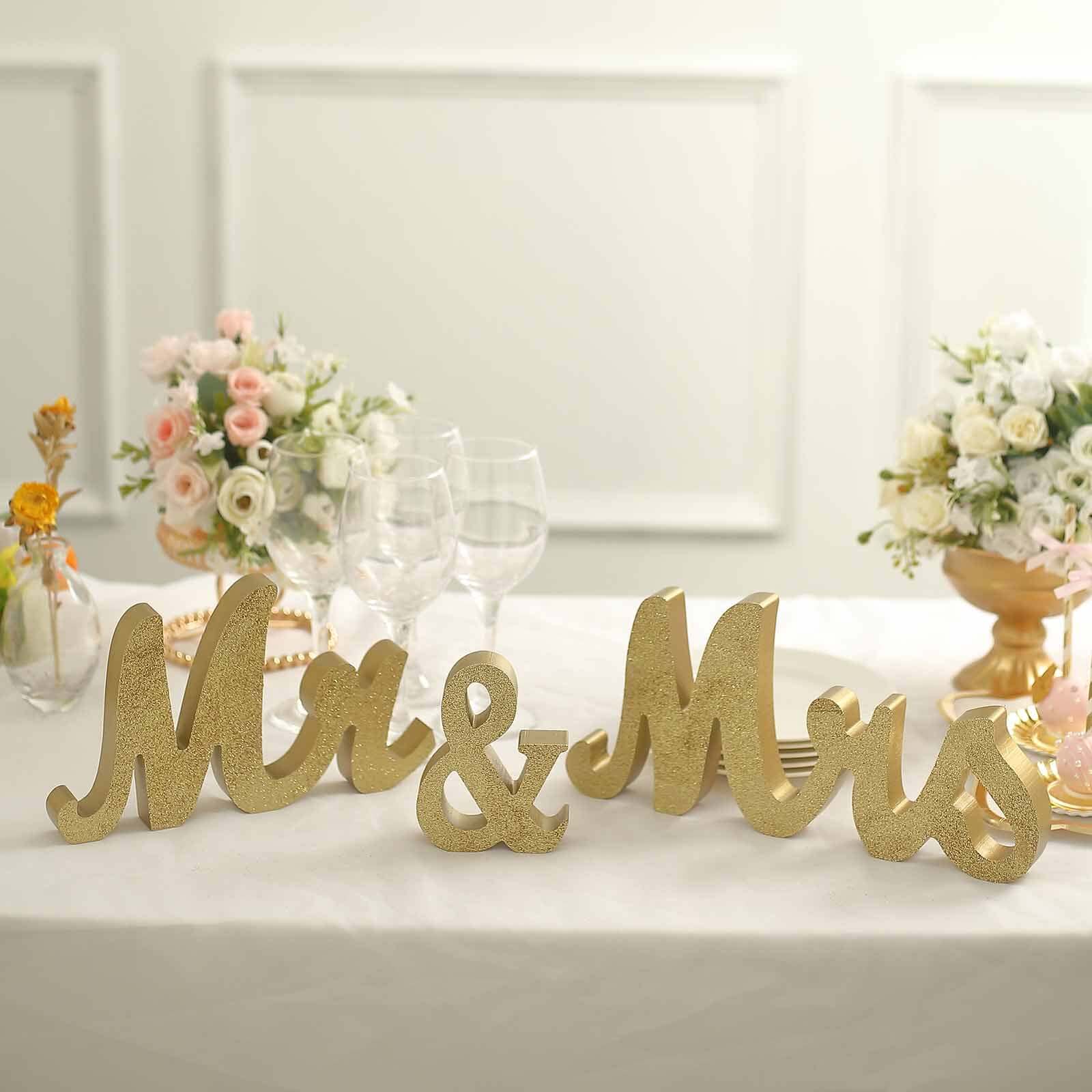 Wooden Mr & Mrs Freestanding Letters Gold Glittered - Rustic Glam Wedding Table Display Signs