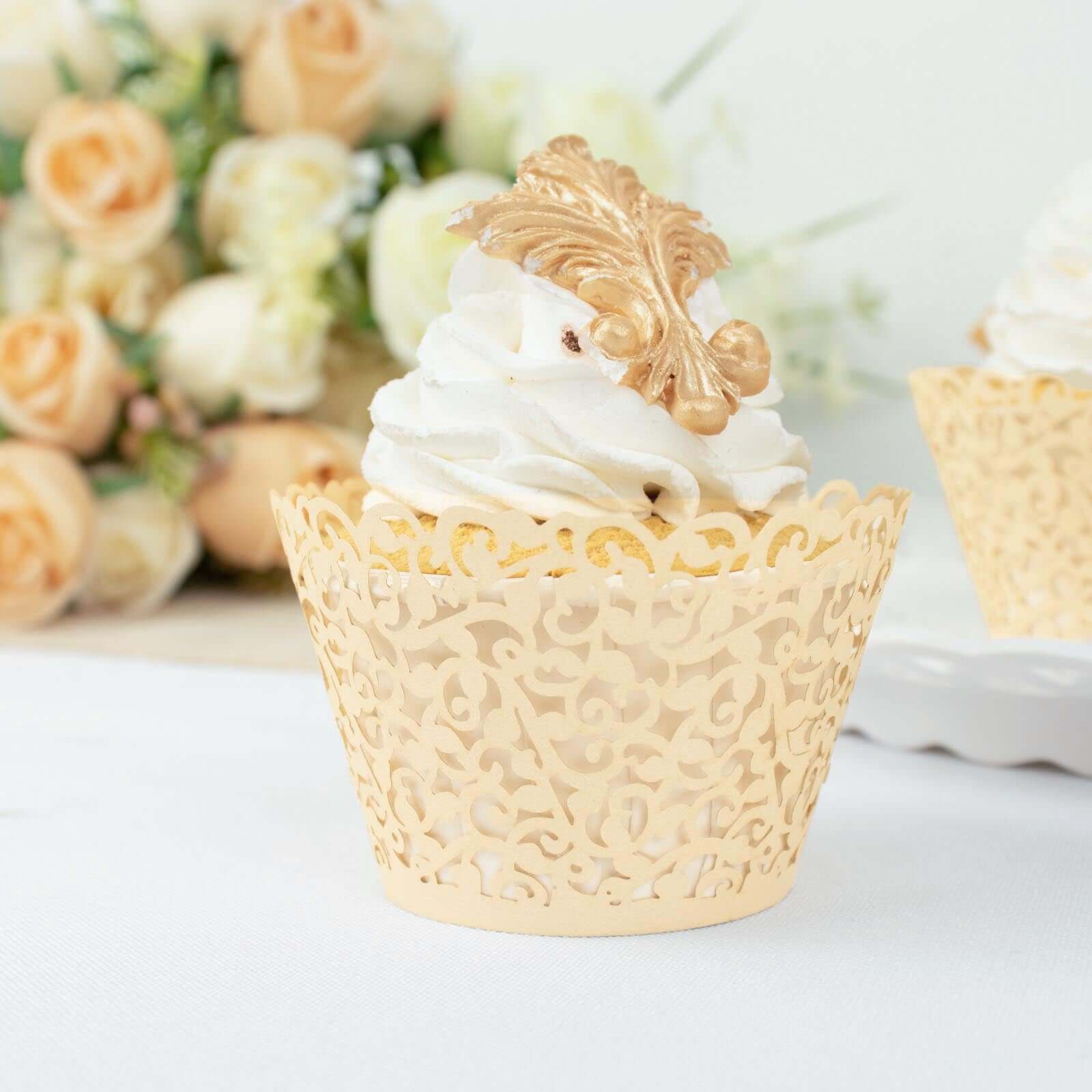 25-Pack Paper Cupcake Wrappers Lace Laser Cut Design Ivory - Muffin Baking Cup Trays for Events