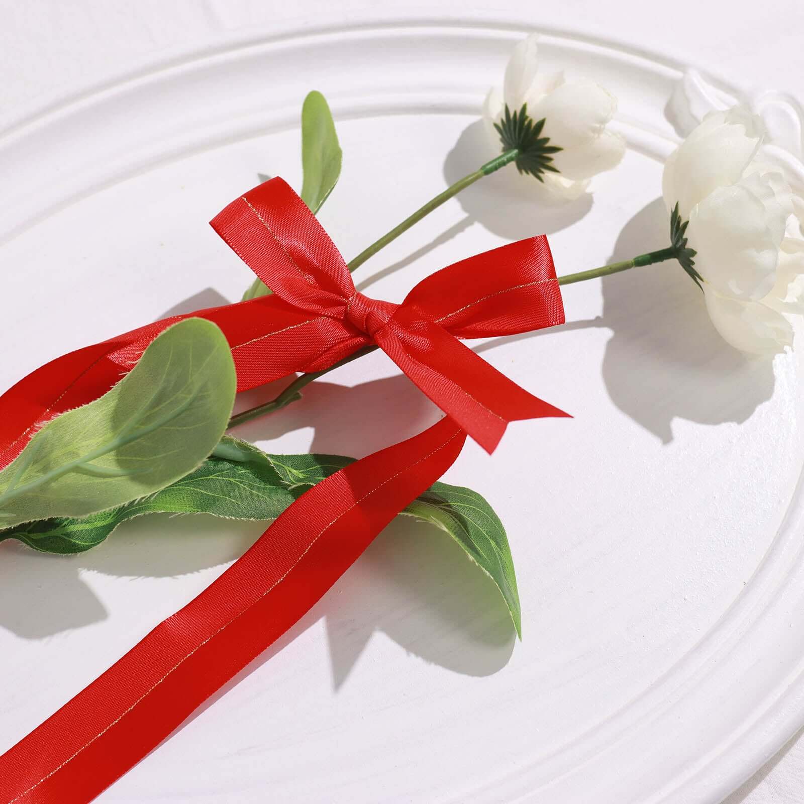 50 Pcs 10 Red Pre Tied Ribbon Bows, Satin Ribbon With Gold Foil Lining For Gift Basket and Party Favors Decor
