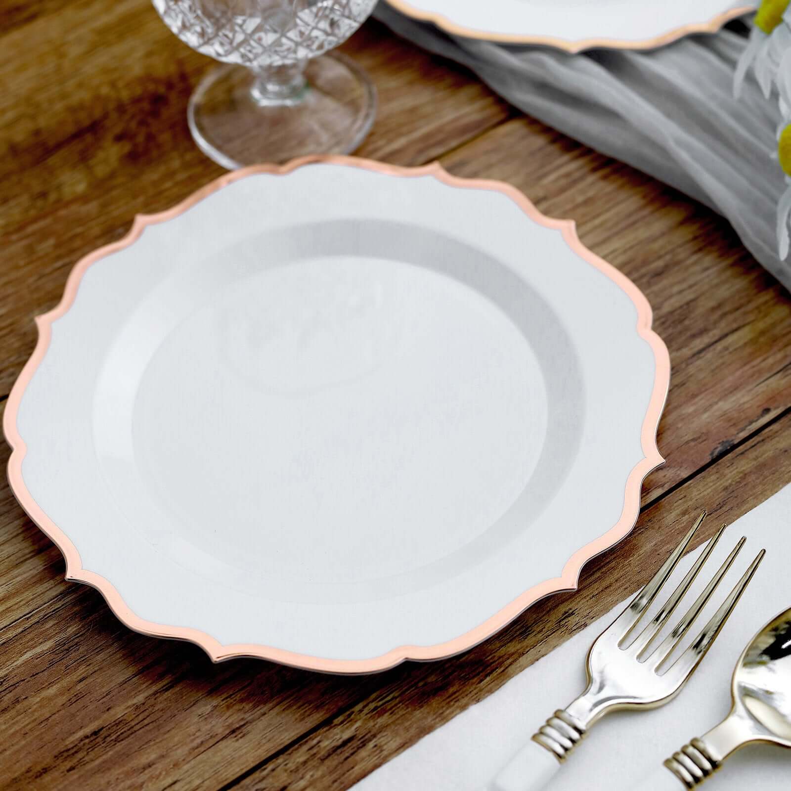 10-Pack Plastic 8 Round Desert Plates in White with Rose Gold Scalloped Rim - Disposable Appetizer/Salad Plates