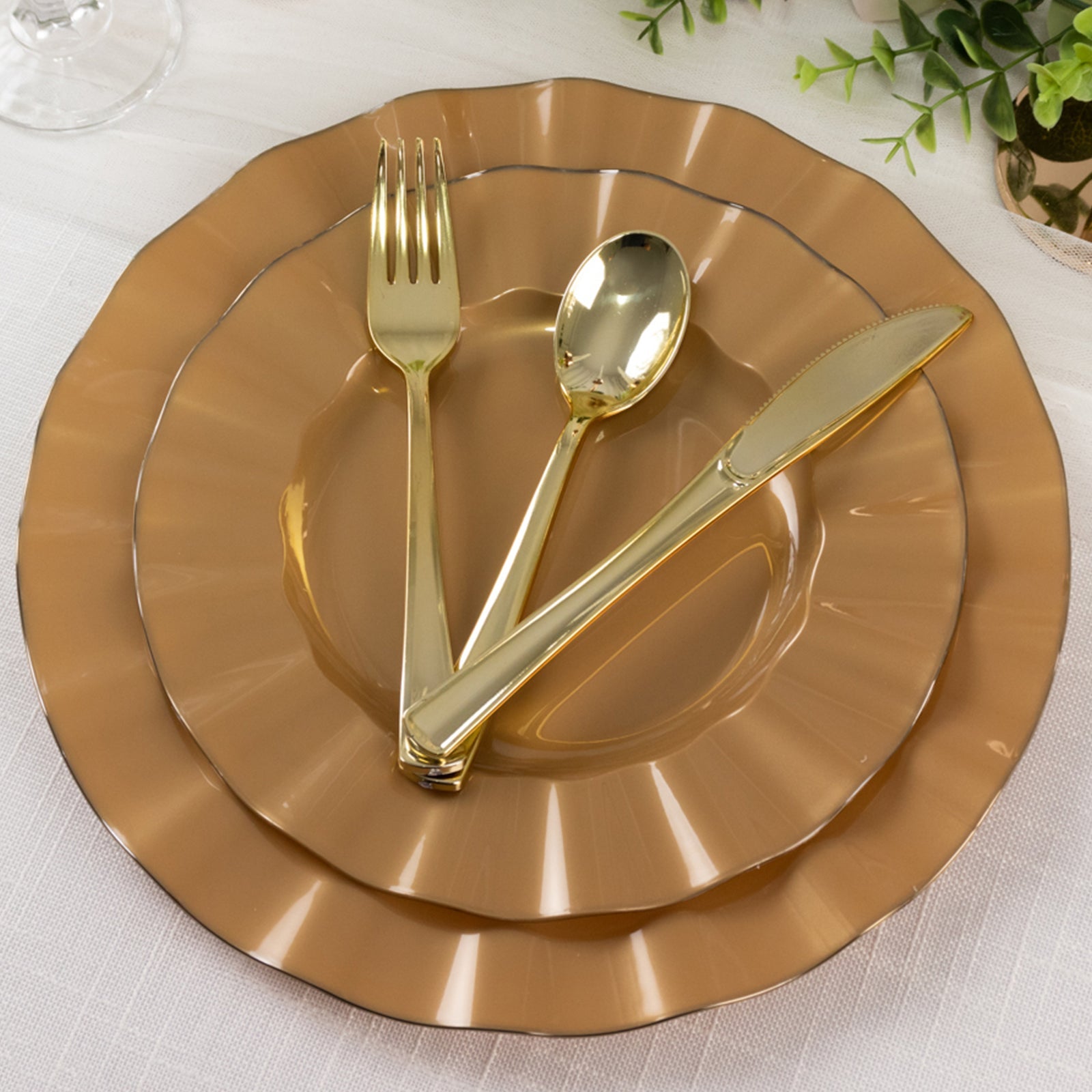 10-Pack Plastic 9 Round Dinner Plates in Gold with Ruffled Rim - Sturdy Disposable Dinnerware for Classy Events & Banquets