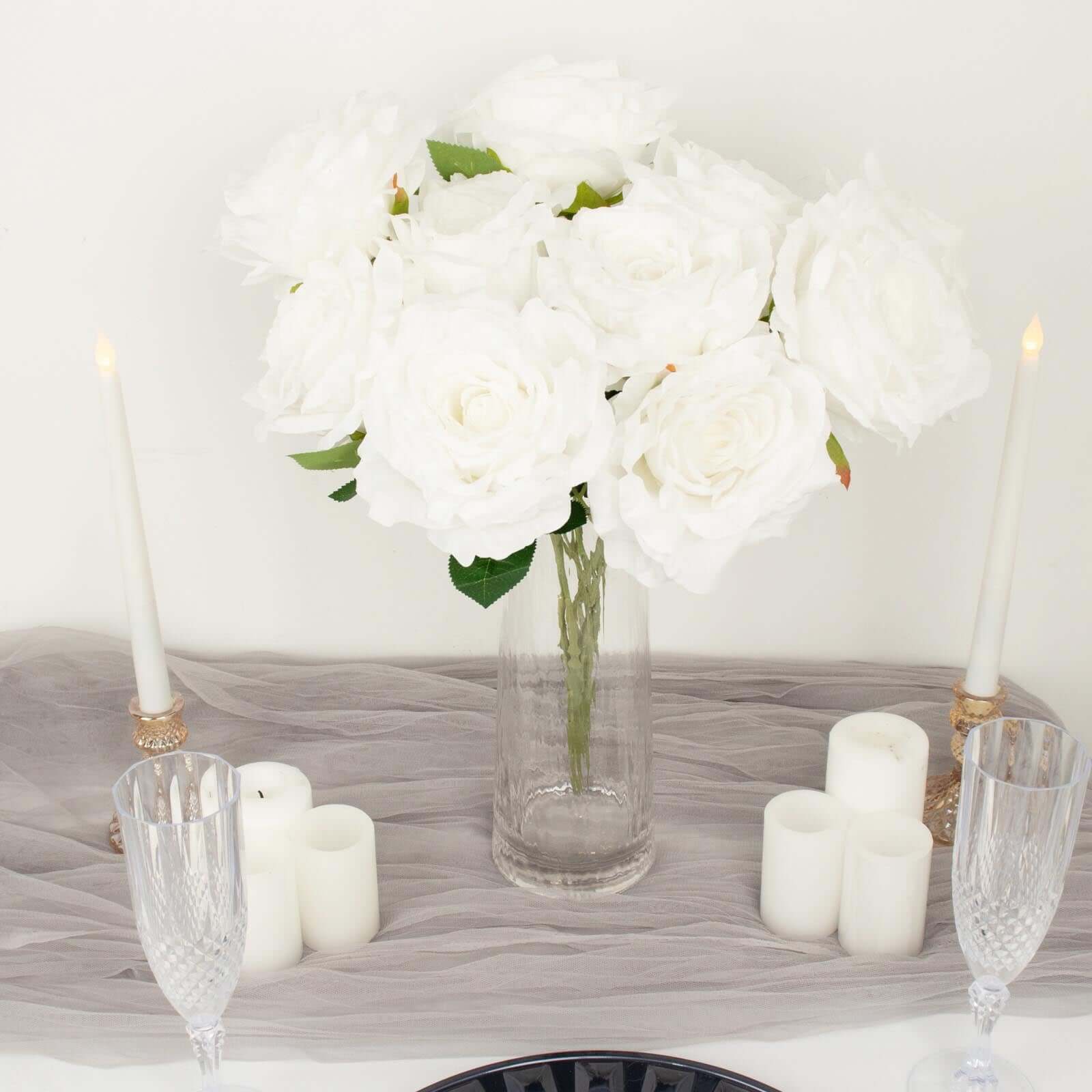 2 Bushes 17 White Premium Silk Jumbo Rose Flower Bouquet, High Quality Artificial Wedding Floral Arrangements