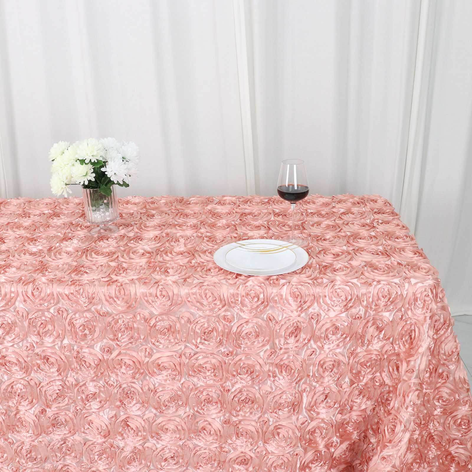 Satin 90x132 Rectangle Tablecloth Dusty Rose - Grandiose 3D Rosette Seamless Table Cover