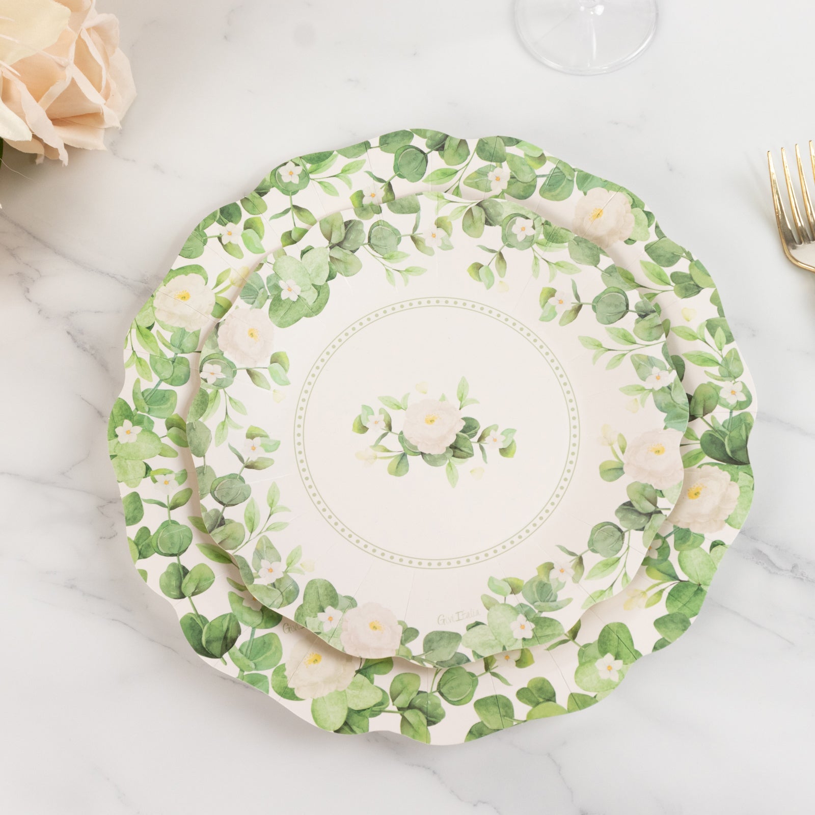 25-Pack Paper 8 Round Dessert Plates in White with Floral Greenery & Scalloped Edges - Disposable Appetizer Salad Plates for Rustic Weddings & Garden Brunches