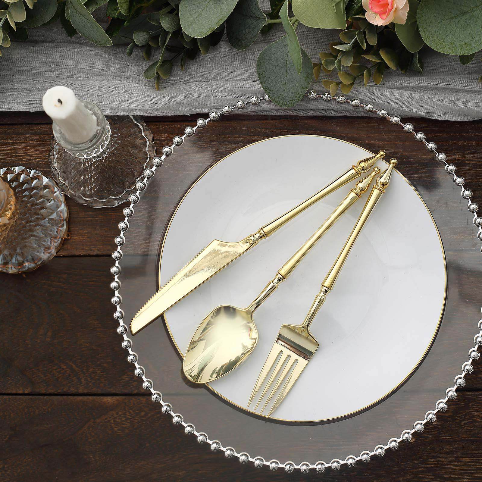 24-Pack Plastic Utensil Set with Roman Column Handle Gold - Disposable Silverware for Events