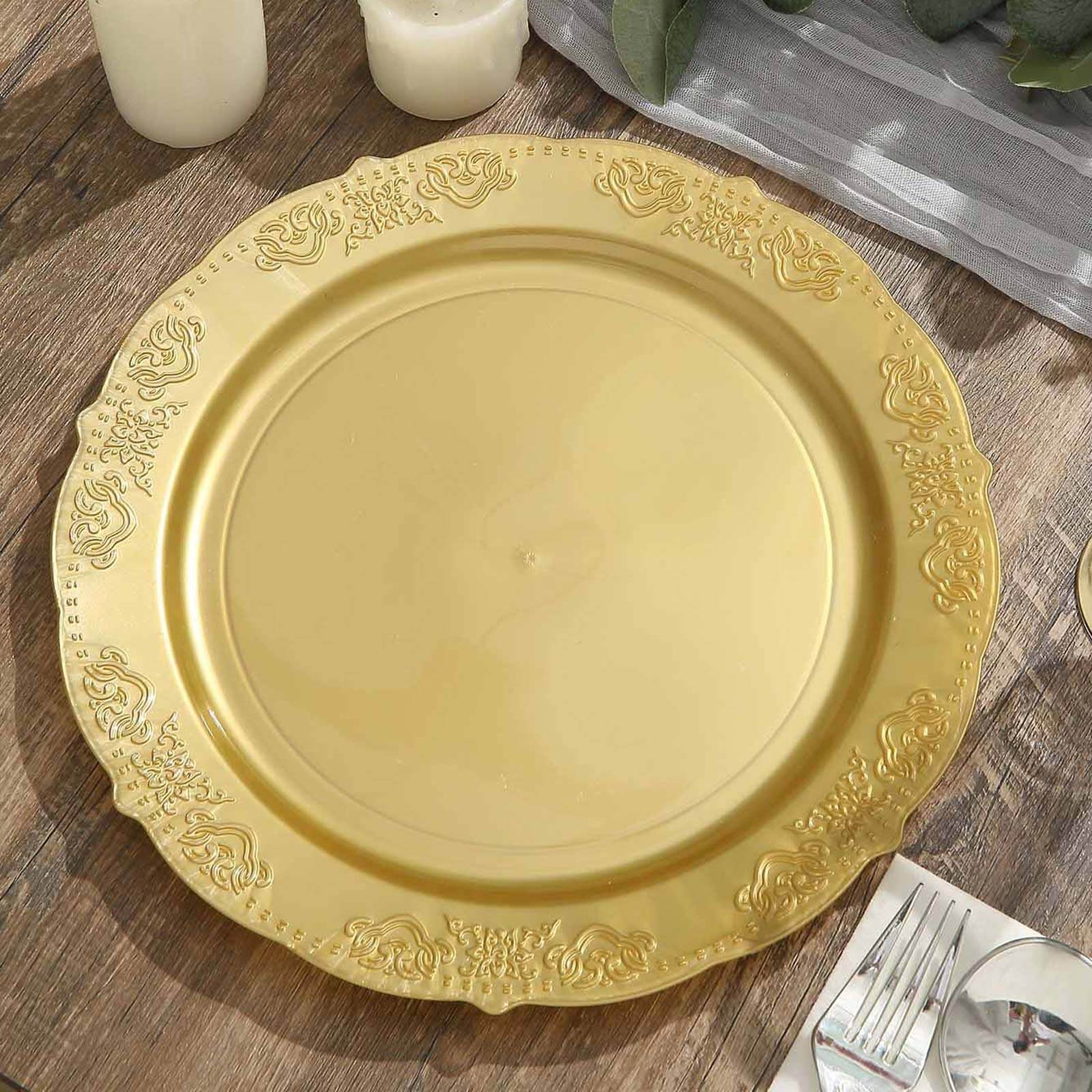 10-Pack Plastic 10 Round Dinner Plates Gold Embossed Scalloped Edge - Chic Disposable Party Plates for Special Occasions & Banquets