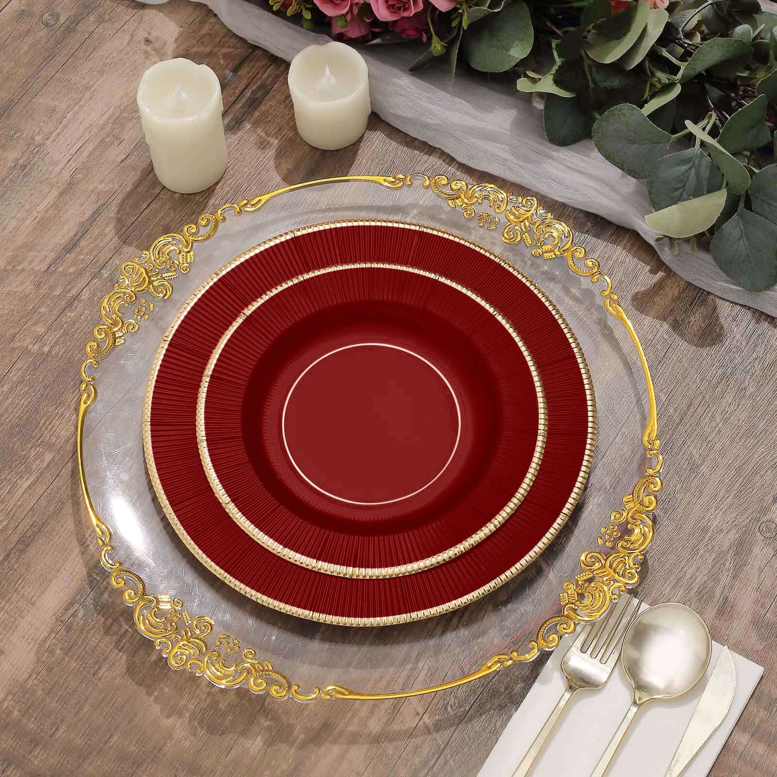 25-Pack Paper 8 Round Dessert Plates in Burgundy Sunray Design with Gold Rim - Disposable Heavy Duty 350GSM Appetizer Salad Plates