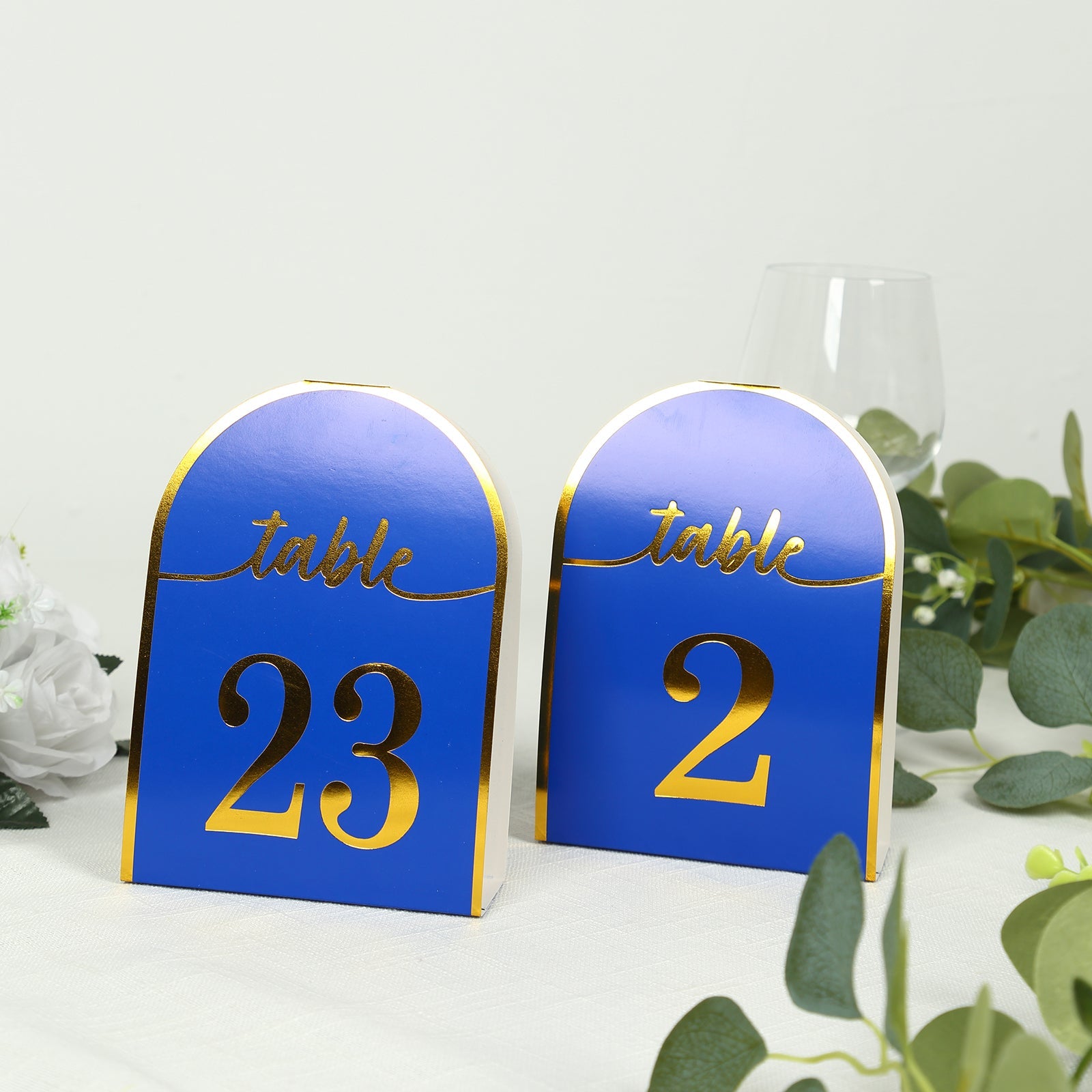 25-Pack Paper Wedding Table Numbers 1-25 Royal Blue Arch Cutout Design - Sleek & Modern Free Standing Double Sided Table Tent Cards with Metallic Gold Foil Numbers 7