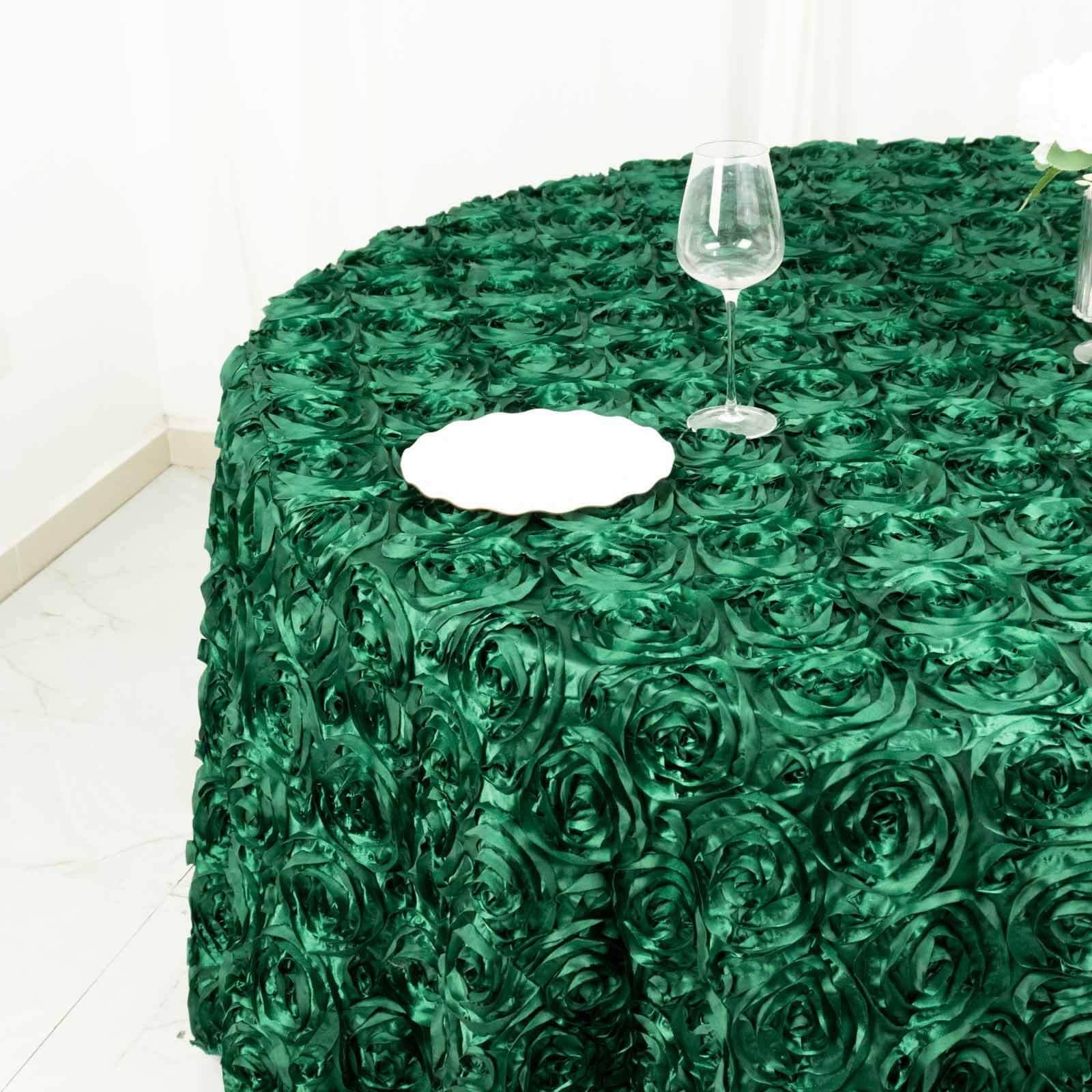 Satin 120 Round Tablecloth Hunter Emerald Green - Grandiose 3D Rosette with Seamless Finish Table Cover