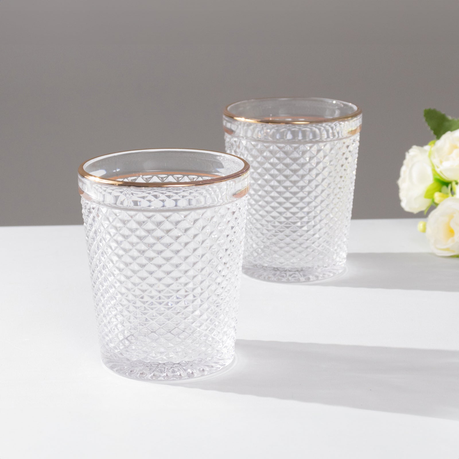 6-Pack Tumbler Glasses Clear Hobnail Design with Gold Rim - Embossed Diamond Pattern Glassware for Drinks & Parties 11oz 4