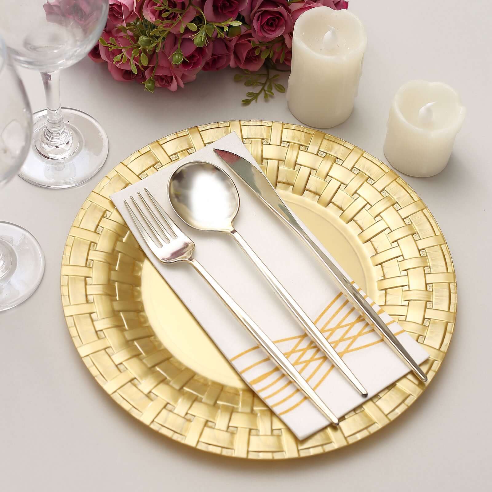 10-Pack Plastic Dinner Plates Gold Basketweave Rim - Durable Disposable Dinner Plates 10