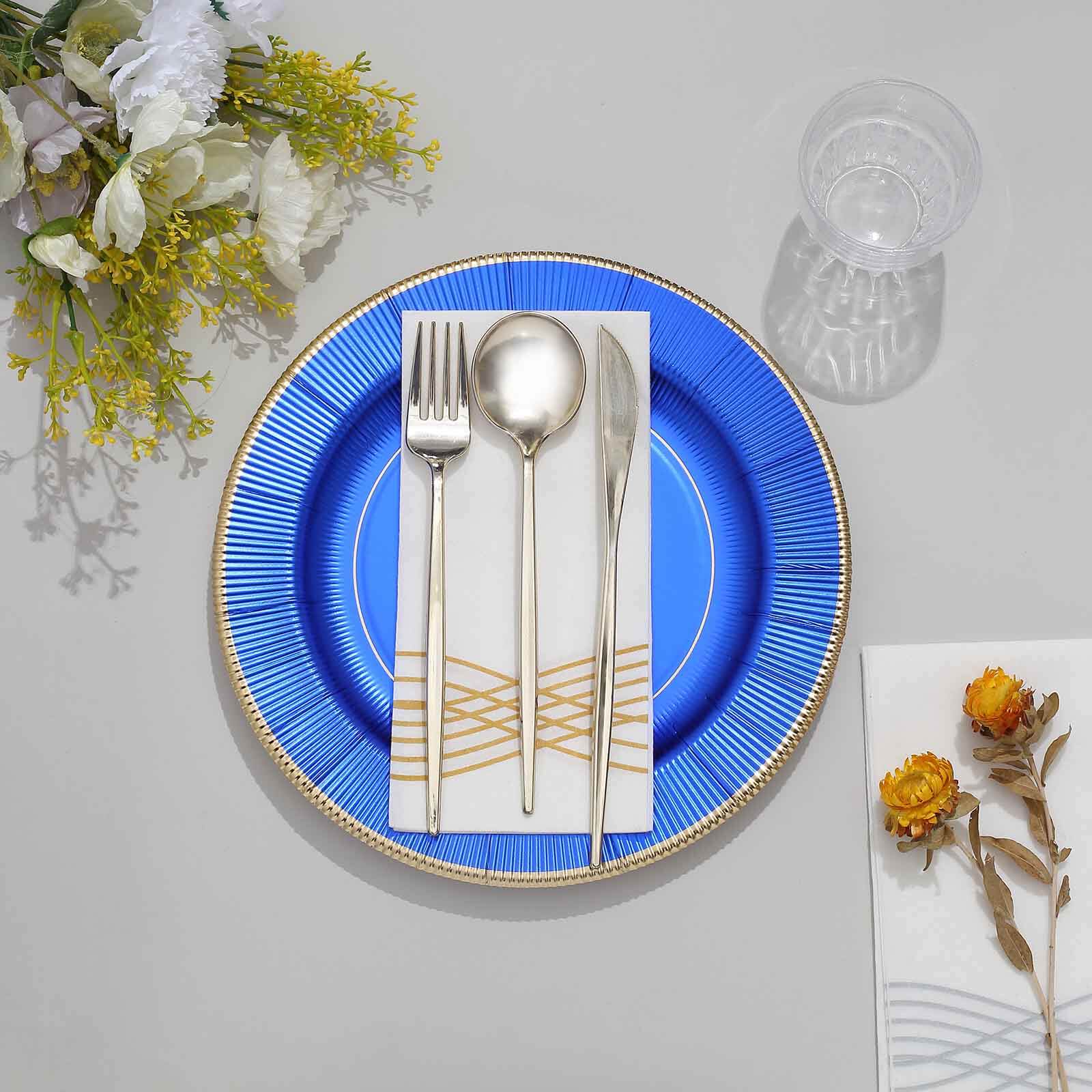 25-Pack Paper 10 Round Dinner Plates in Royal Blue Sunray Design with Gold Rim - Disposable Heavy Duty 350GSM Party Plates