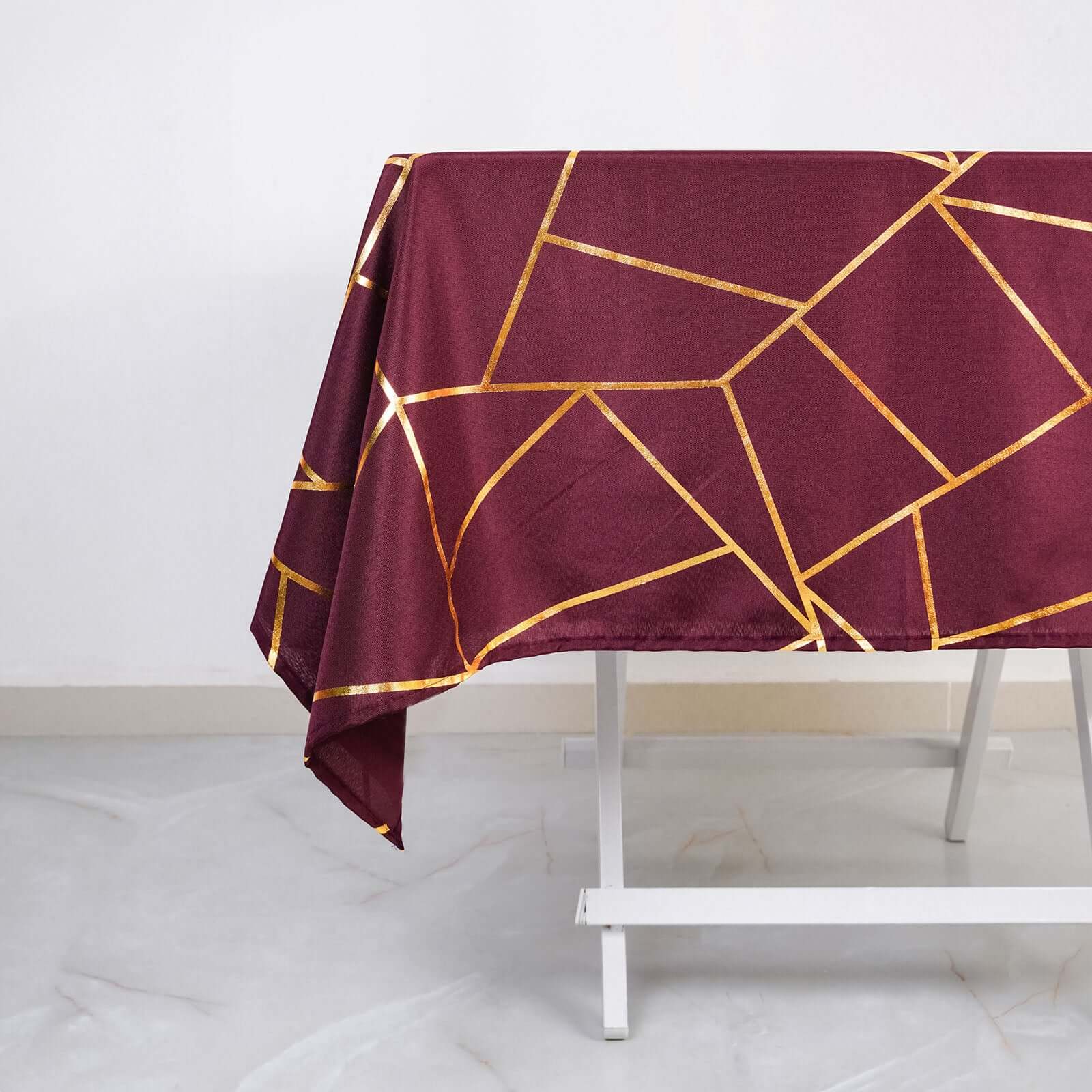 Polyester 54x54 Square Tablecloth Burgundy with Gold Foil Geometric Pattern - Wrinkle-Resistant & Durable Table Cover