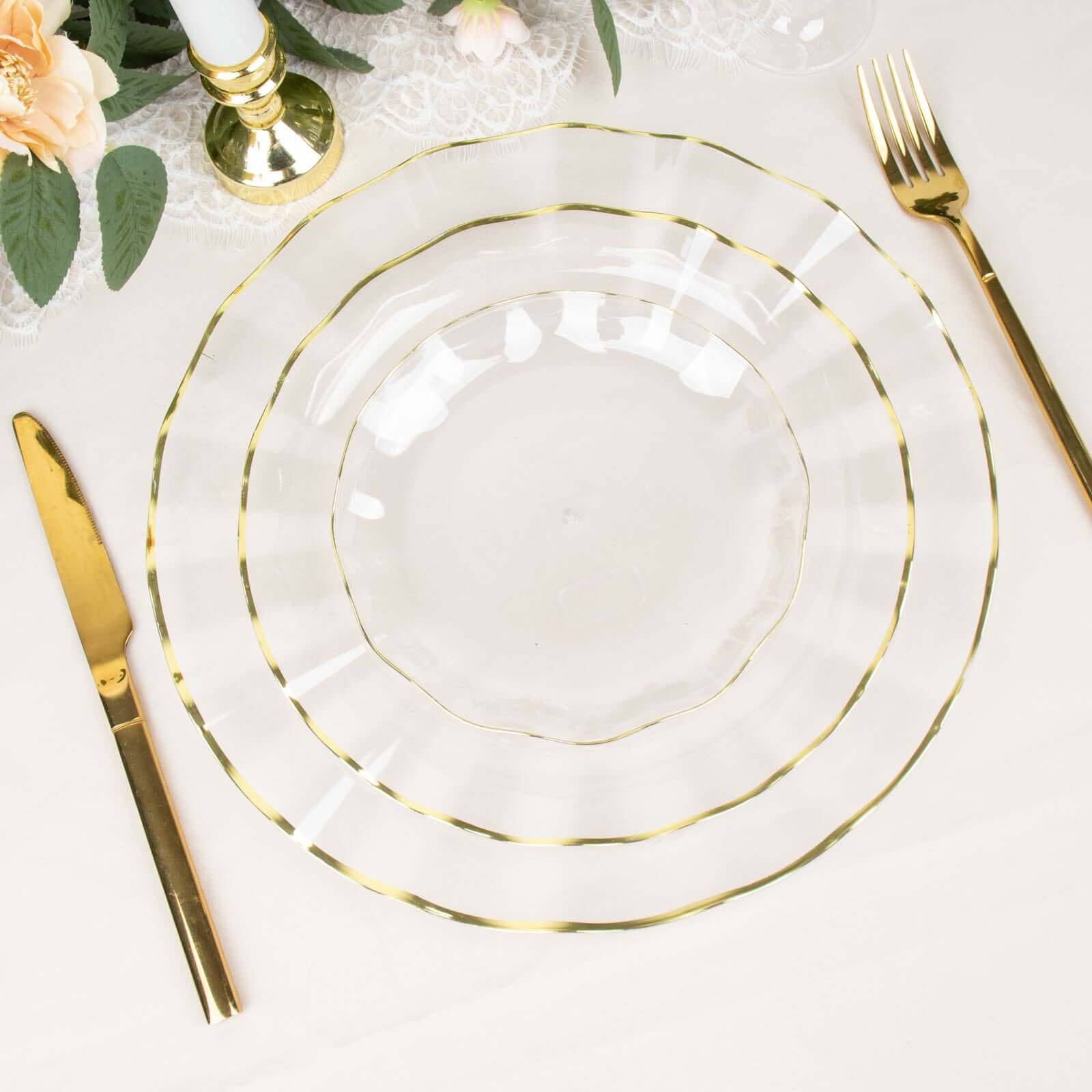 10-Pack Plastic Round 6 Dessert Plates in Clear Ruffled Rim with Gold Edging - Sturdy Disposable Salad Appetizer Dinnerware