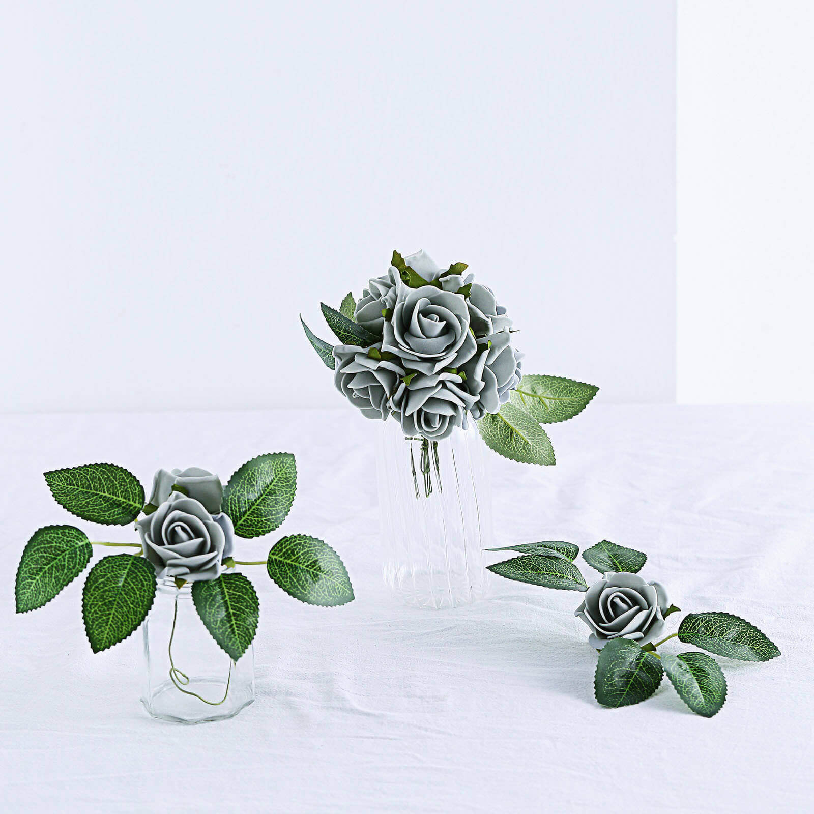 24 Roses 2 Silver Artificial Foam Flowers With Stem Wire and Leaves