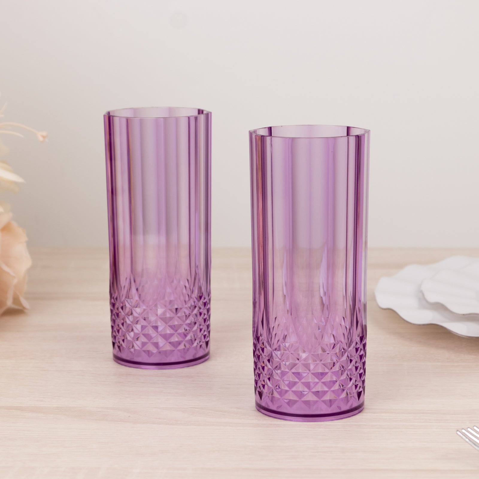 6-Pack Plastic Cocktail Tumblers Purple Transparent Crystal Cut Style - Shatterproof Highball Glasses 14oz