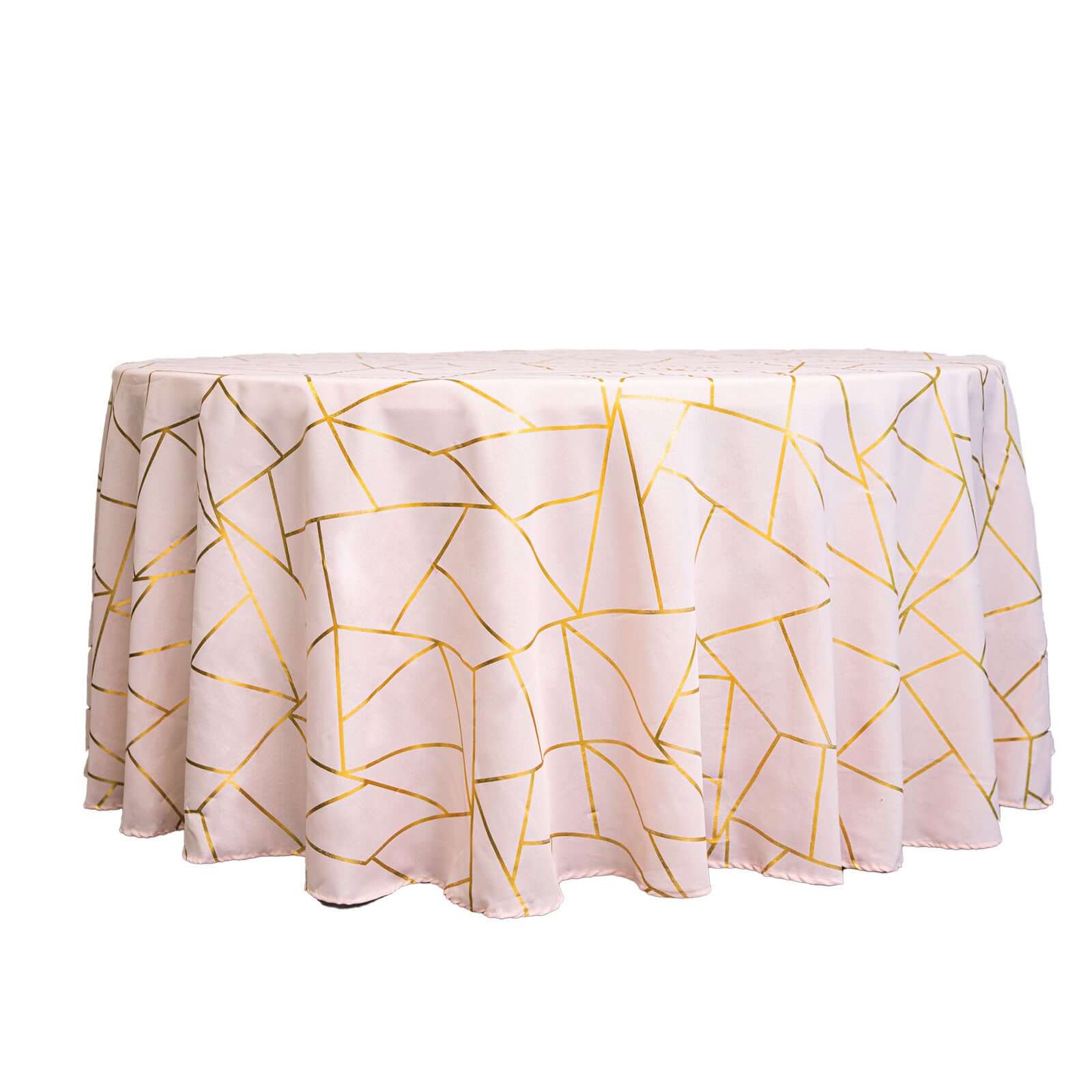 Polyester 120 Round Tablecloth Blush with Gold Foil Geometric Pattern Wrinkle-Resistant Seamless Table Cover