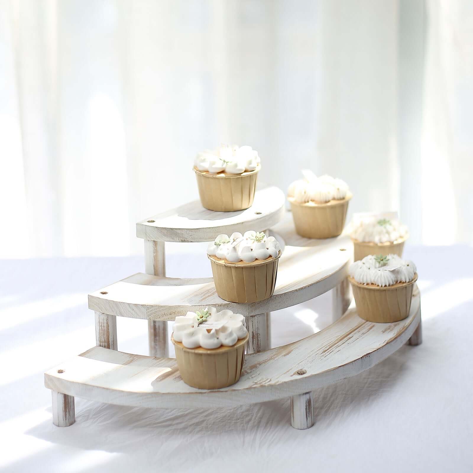 Set of 3 Wooden Dessert Pedestals Rustic Whitewashed 3-Tier Semicircle Design - Half Moon Cupcake Display Risers 7, 13, 18